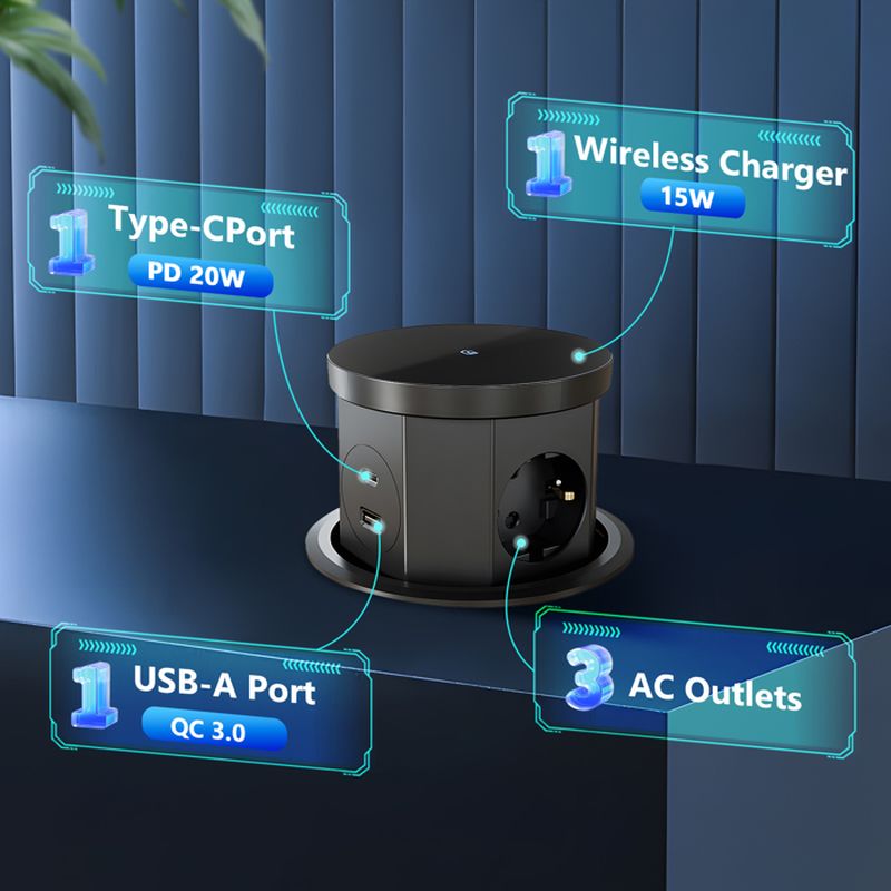 Prise escamotable, 4 compartiments avec 1 USB C 1 USB-A, prise encastrable, avec chargeur sans fil de 15W, bureau, cuisine【Tabletop cutout size: 11cm】 - 4