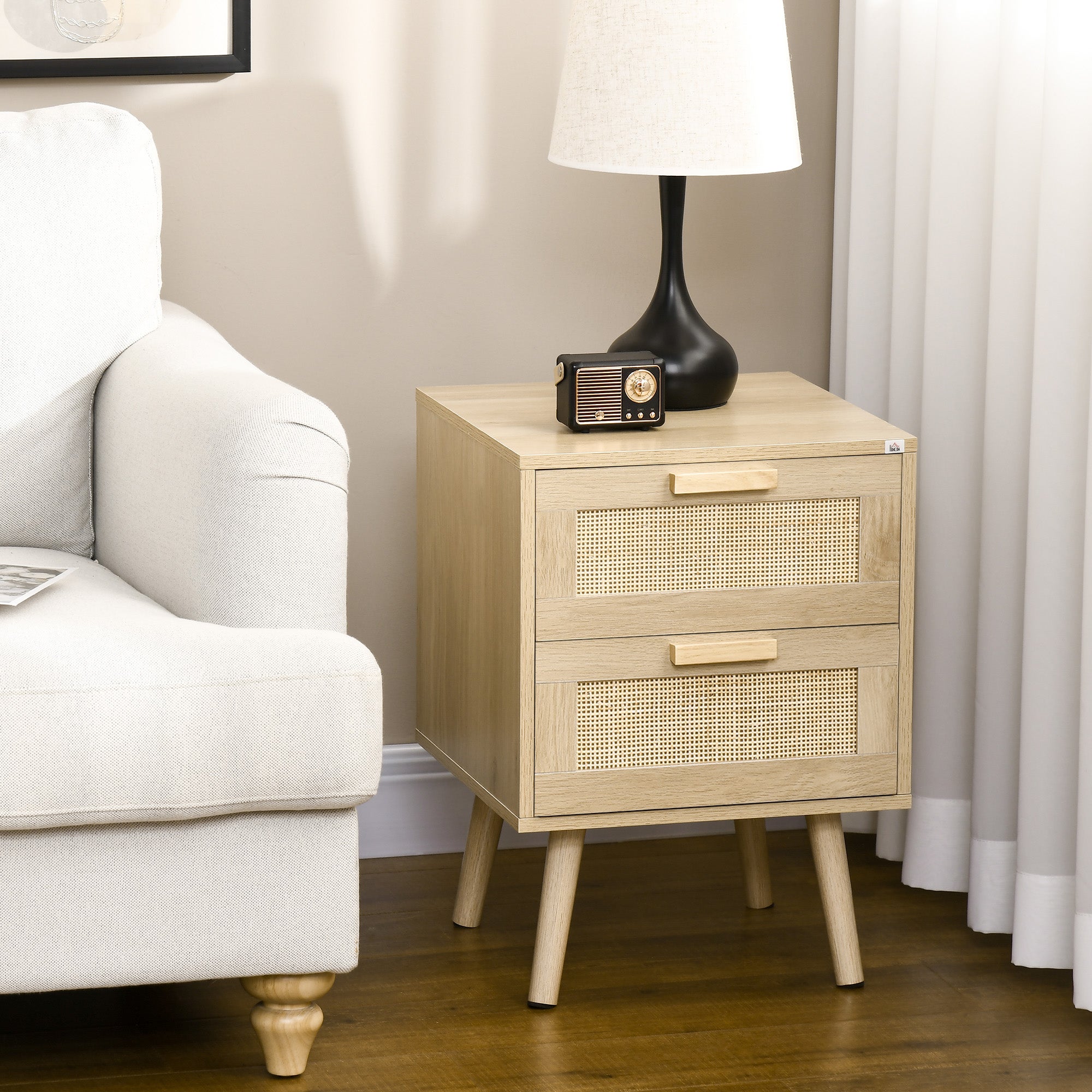 Mesa de Cabeceira HOMCOM Madeira Natural Melamina de Madeira, Vime e Madeira de Pinho 40x40x56cm - 3