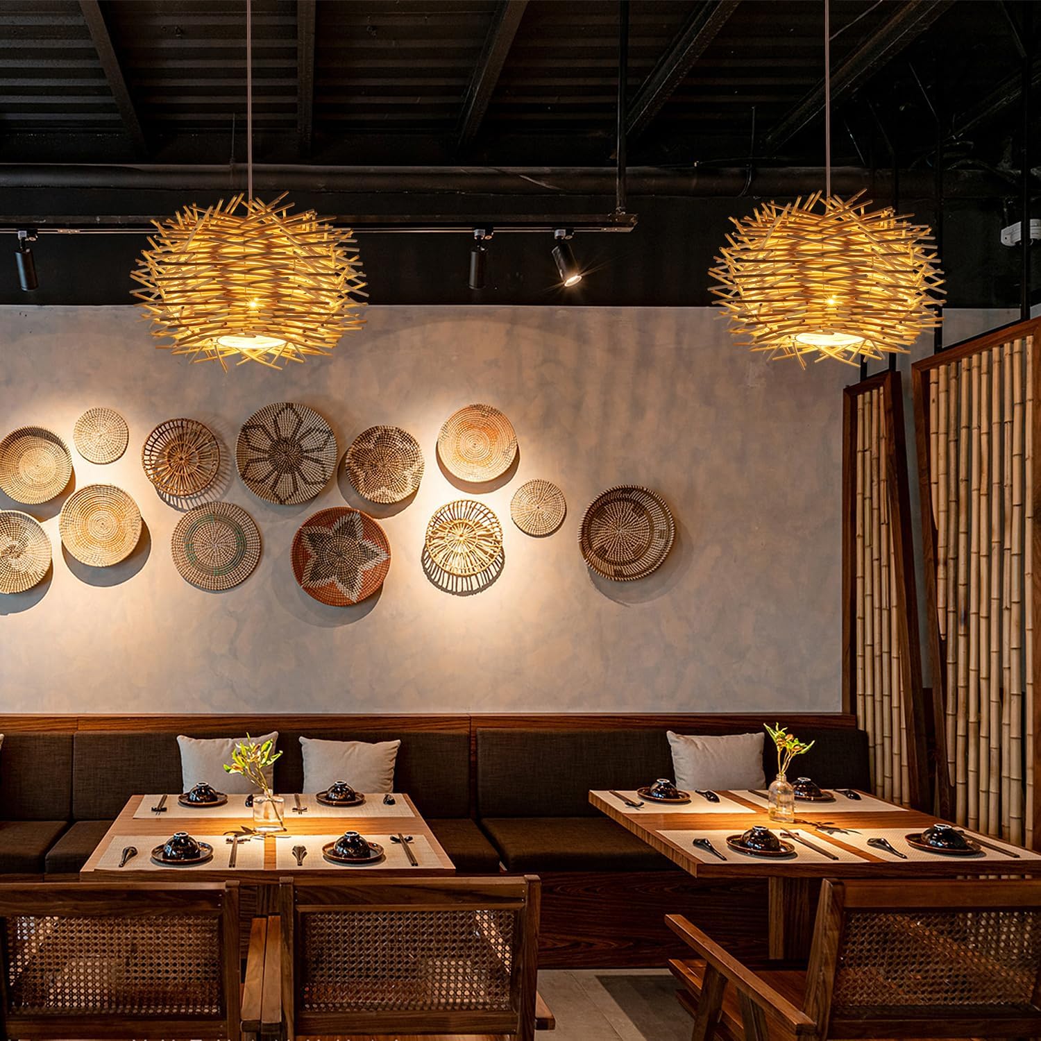 GOECO Lustre Suspension en Rotin, Vintage E27 Suspension Lumineuse en Rotin, Creative en Nid D'oiseau Suspension en Bambou Naturel pour Salon Chambre - 3