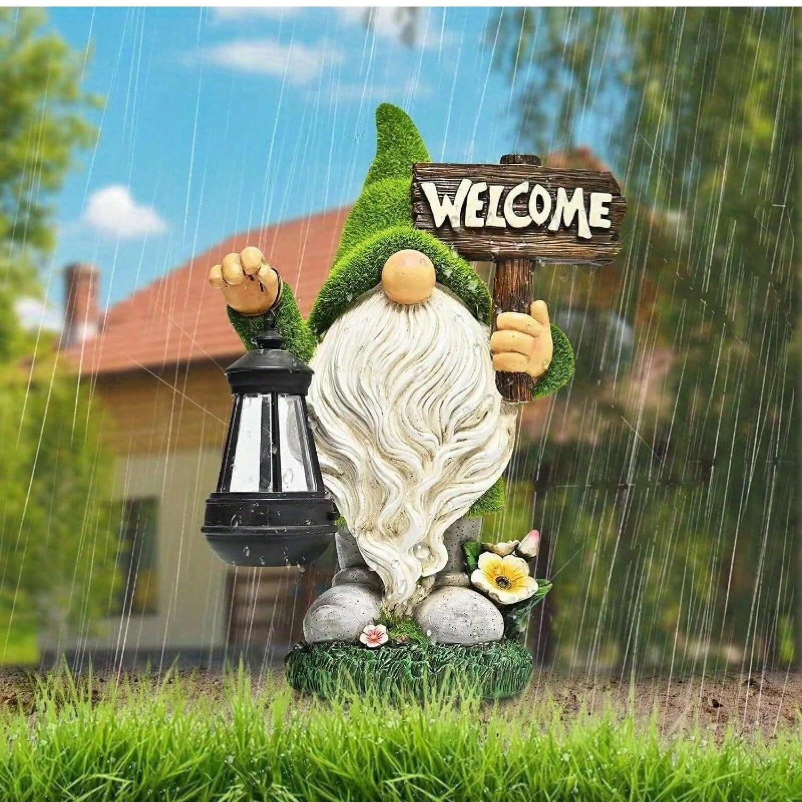 Statue lumineuse solaire d'extérieur pour jardin en forme de gnome - Résistante aux UV, résine - Vert - 5