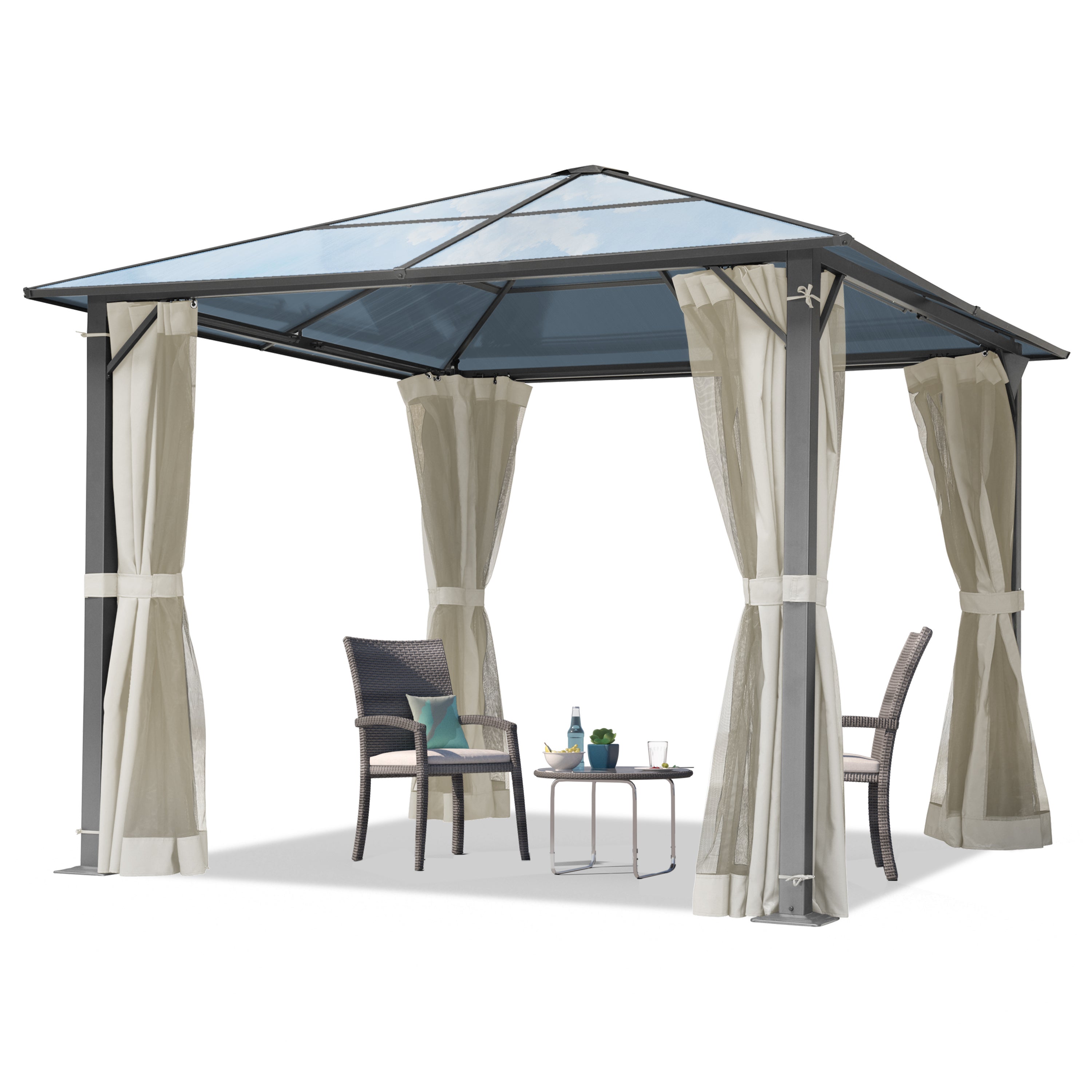 Pawilon ogrodowy 3x3 m Hardtop dach z poliwęglanu ok. 6 mm z 4 ściany boczne i moskitiera w kolorze kremowy