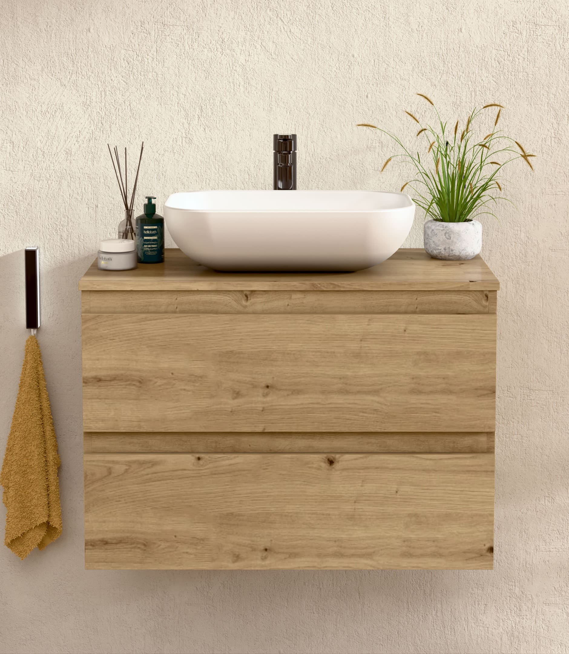 BELLOBATH - Móvel com Lavatório de Cerâmica, Móvel Montado com 2 Gavetas, 60 x 55 x 46 cm, Móvel Carvalho - 2