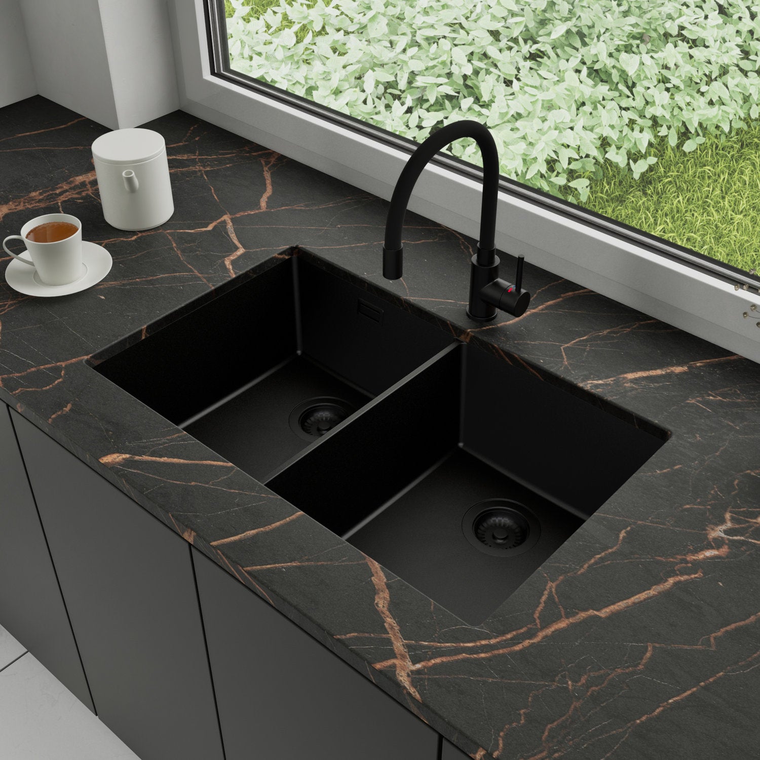 Zlewozmywak podblatowy 76x47cm, do szafki od 80cm + Bateria + Syfon - Agate Cały Czarny STONESTYLE