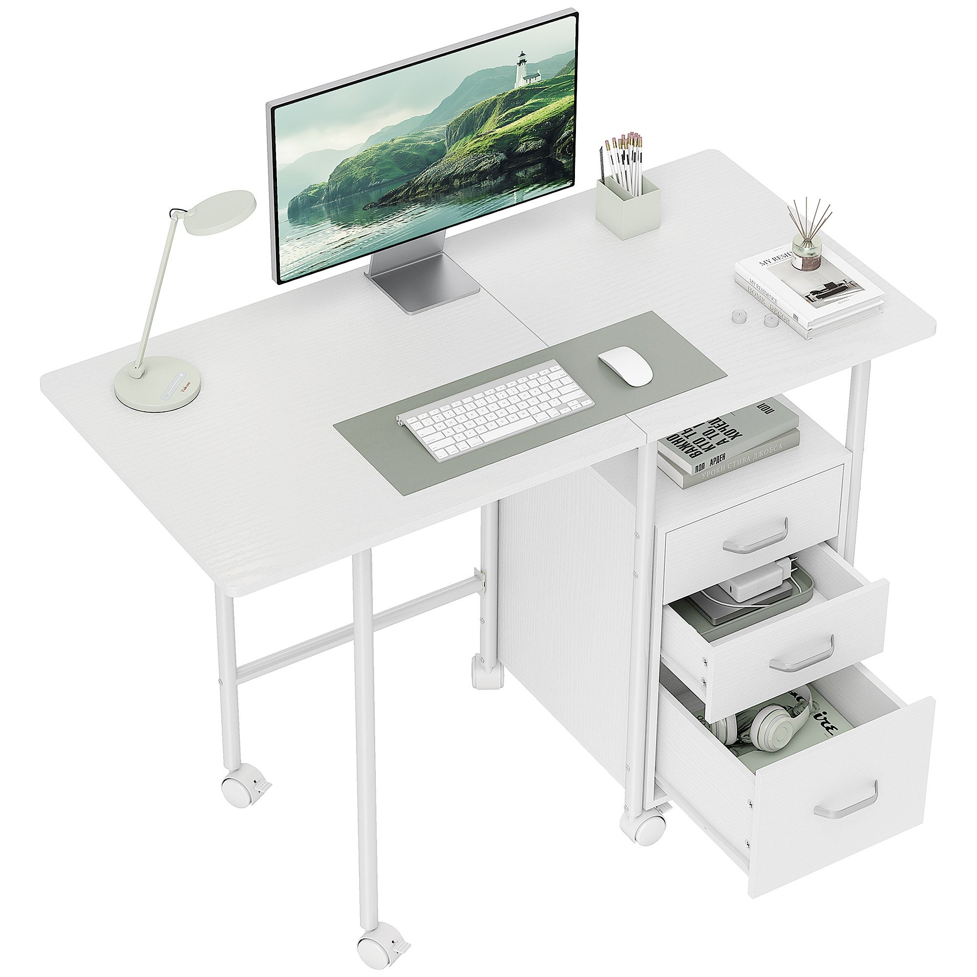 Bureau d'ordinateur pliable sur roulettes, avec rangements, 3 tiroirs ...