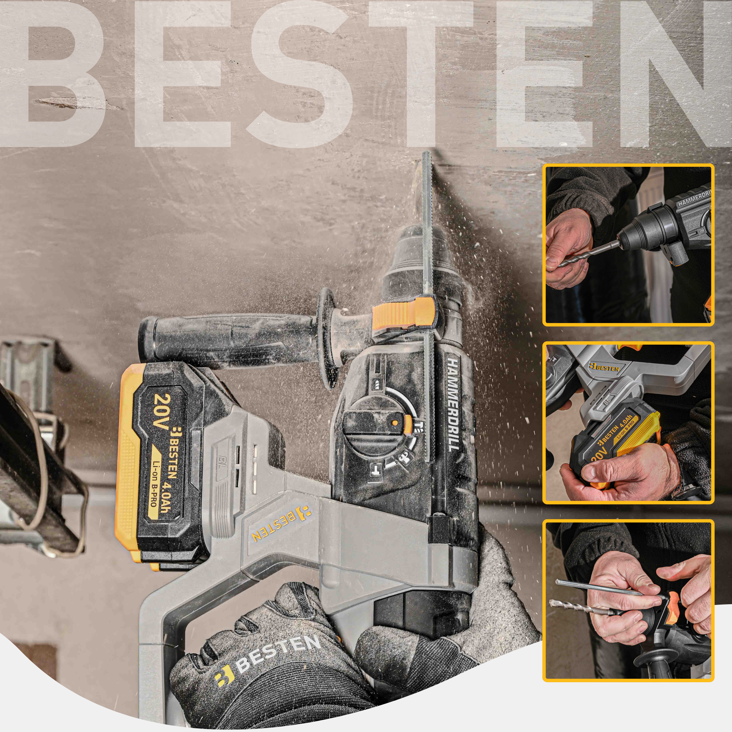 Młotowiertarka akumulatorowa SDS+ BESTEN BE0002904 20V 2J – do betonu, bezszczotkowa, 2x 4.0Ah, walizka - 3