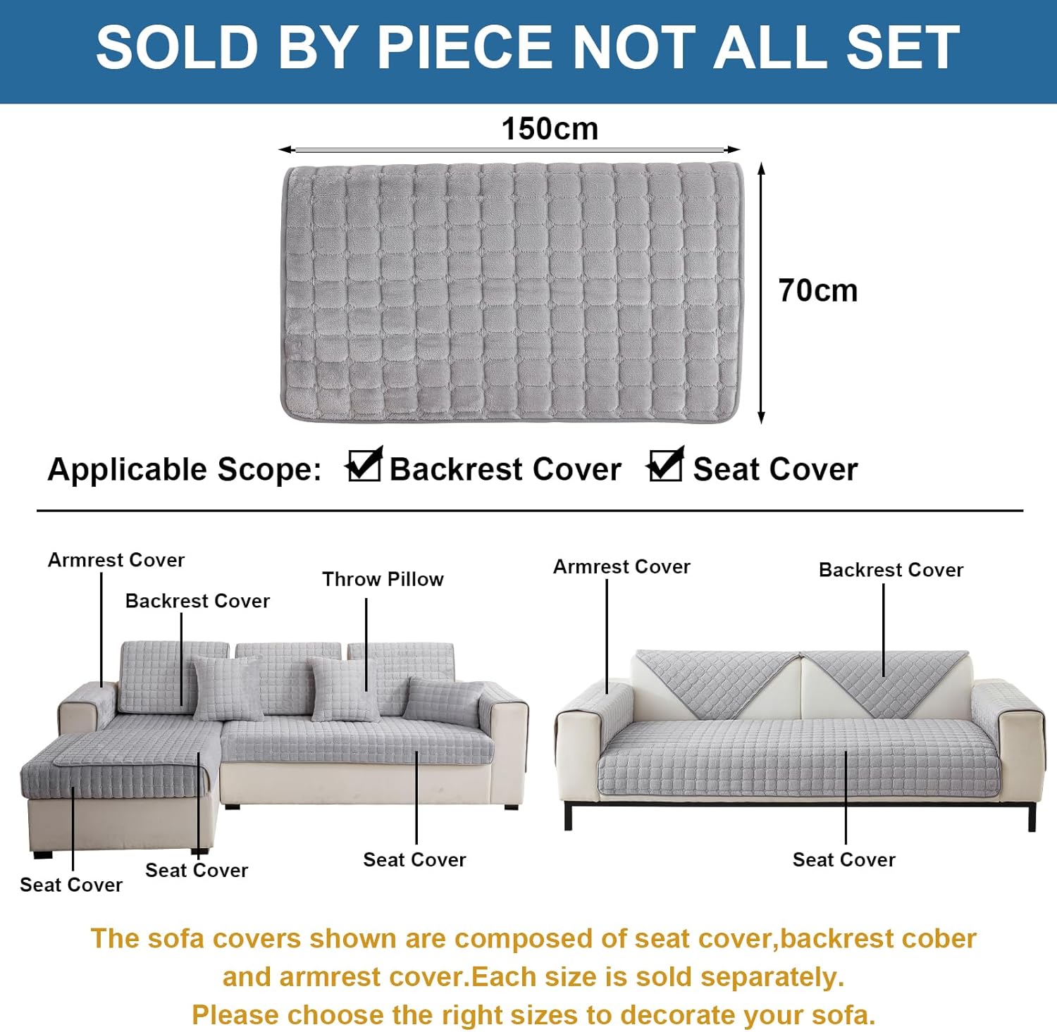 (Grigio chiaro, 70×150 cm 1 pz) Copridivano in flanella, copridivano angolare, 3 posti antiscivolo per protezione a forma di L - 2