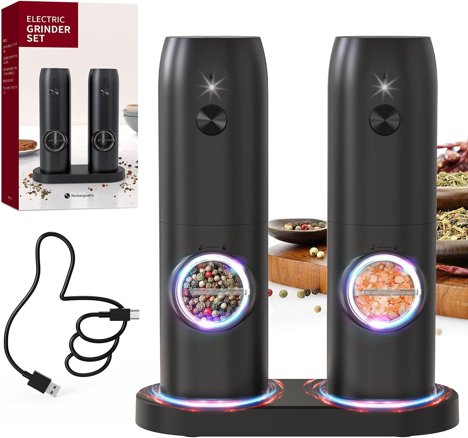 Gravity Ensemble moulin à poivre et sel électrique avec base de rangement, rechargeable par USB avec lumière LED chaude, fonctionnement à une main, moulin à poivre automatique amélioré de grande