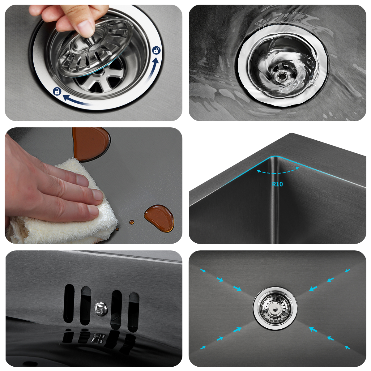 Lonheo Max Évier Cuisine 1 Bac 68x45x19CM Évier à Encastrer en Acier Inox 201 avec Distrubuteur de savon et Égouttoir panier, Noir,EU Modèle - 7