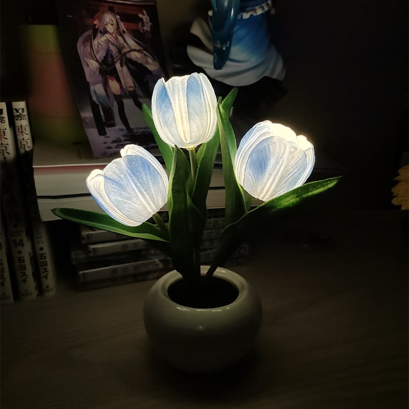 Lampa tulipan, lampka stołowa LED symulująca tulipan, lampka nocna z wazonem, lampka stołowa ozdobna do domu, niebieska