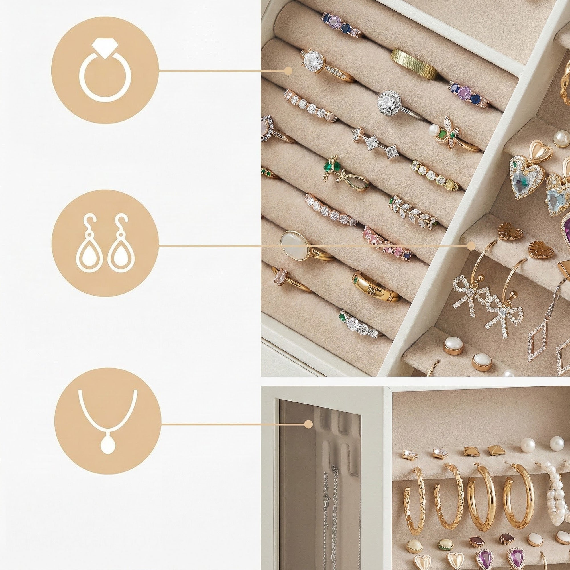 Boîte à Bijoux Rotative à 360°, Coffret de Rangement avec 5 Tiroirs, Fenêtre en Verre, Spacieux, Idée Cadeau, Blanc - 6