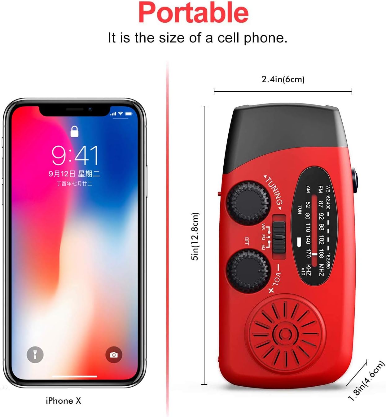 Radio à manivelle d'urgence avec lampe de poche LED, radio portable AM/FM NOAA avec batterie externe 2000 mAh - 9