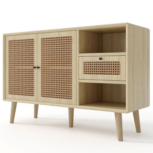 KecDuey Cassettiera 120 x 40 x 80 cm, con 1 cassetto e 2 ante magnetiche, in rattan intrecciato sulla parte anteriore della porta, gambe in legno massiccio, manico in metallo nero, ripiani