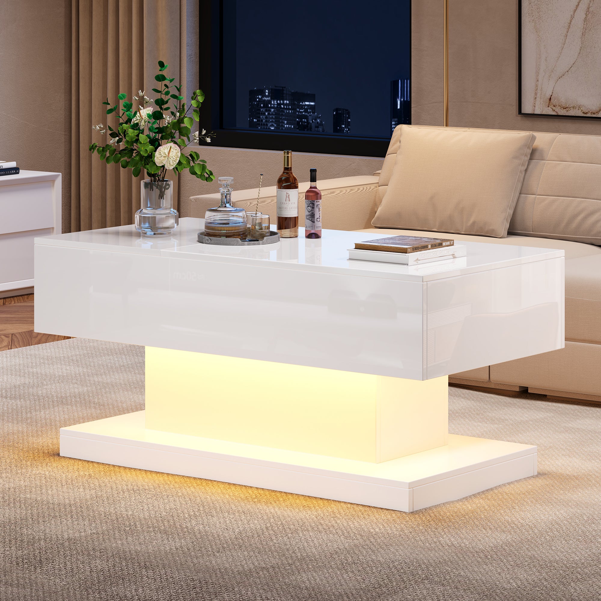 Table basse avec plateau relevable - 100 x 50 x 45 cm - LEDs - Panneaux de particules et métal - Blanc brillant - 4