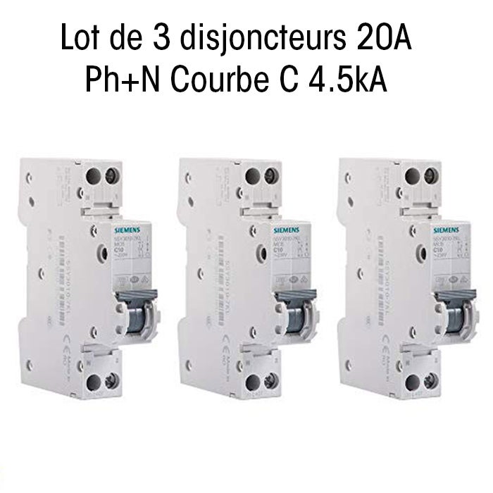 Lot 3 disjoncteurs Siemens, 20A, courbe C, 4,5 kA, AC/DC, norme NF EN 60898, garantie 2 ans - 4
