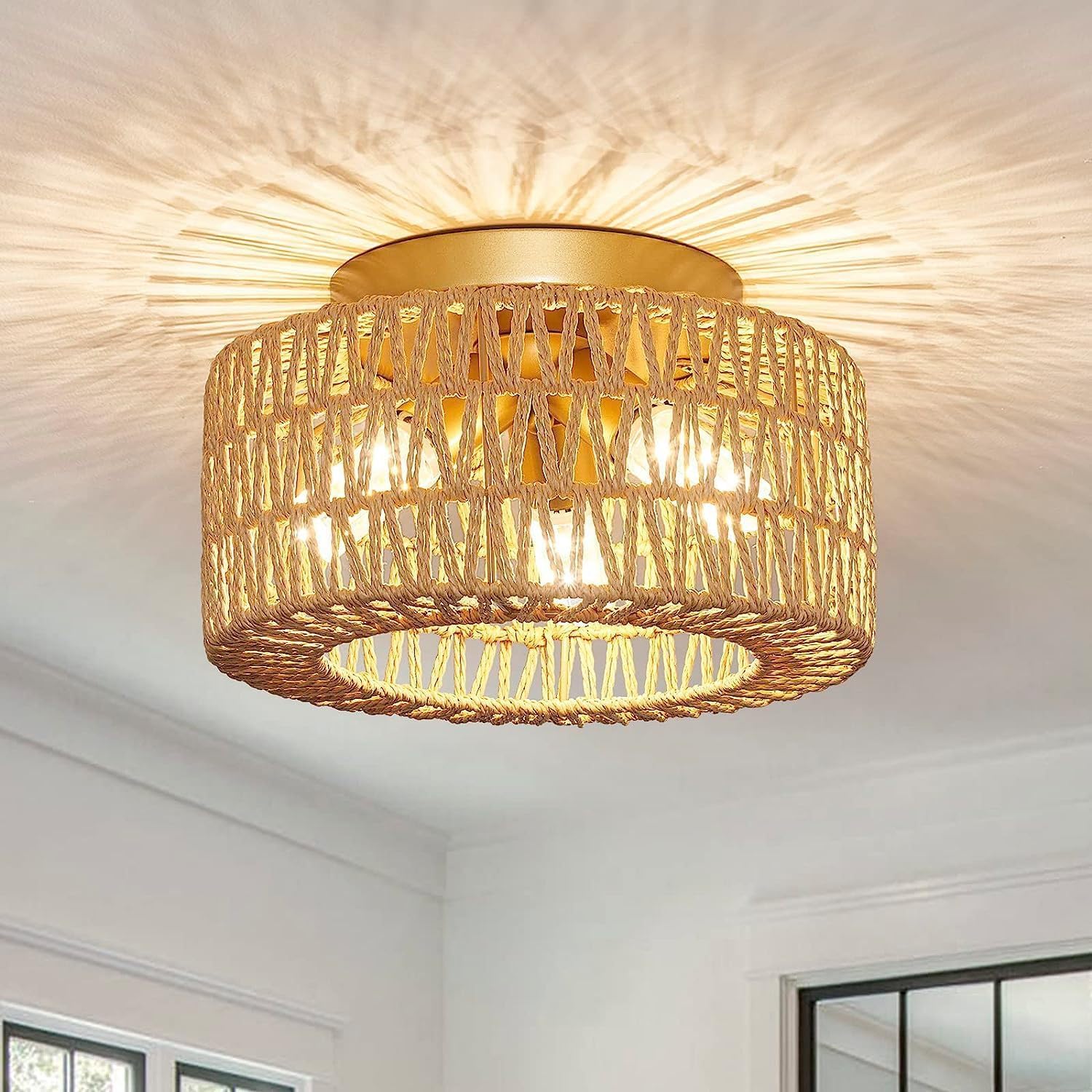 Lámpara de techo de estilo bohemio, pantalla de ratán vintage de 3 luces, casquillo e27, 3000-6000 k, ideal para salón y comedor.