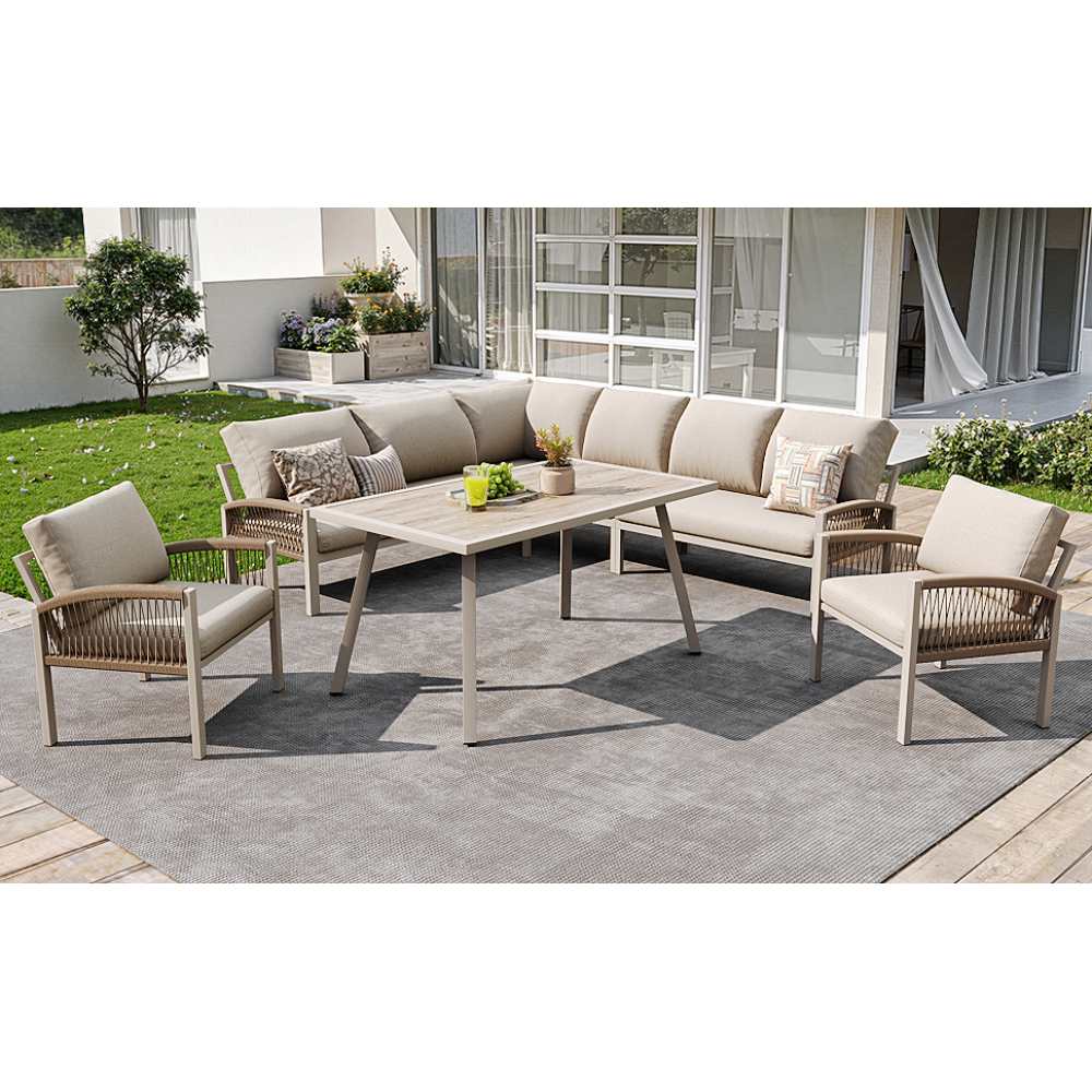 Sofá de jardín en L para 8 personas con estructura de metal, cojines beige, mesa con vidrio efecto madera y 2 sillones trenzados, resistente al clima - 6