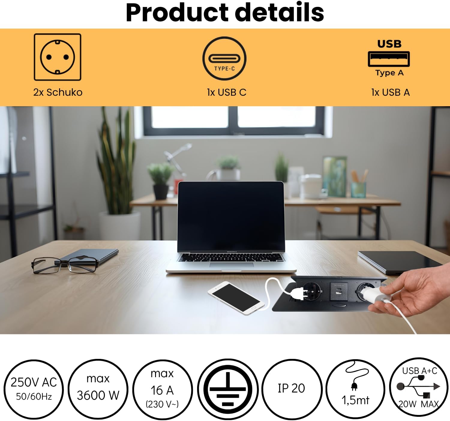 Multiprise Encastrable Escamotable avec 2 Prises SCHUKO + 2 Prises USB (A+C), Câble de 1,5 m – Pour Bureau et Table (Couleur Noir) - 4