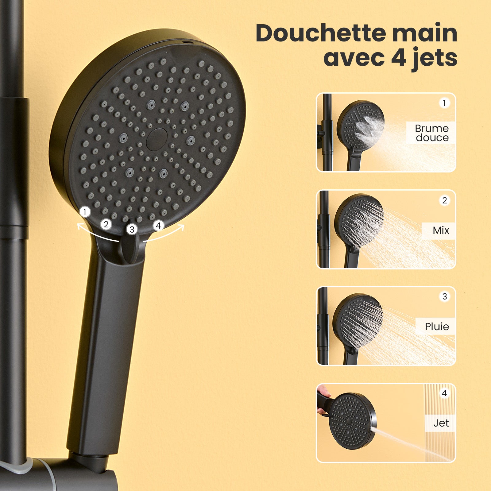 Colonne Douche Sans Robinet en Inox Noir- Ensemble Mural Réglable Avec Pommeau Effet Pluie Rond(25*25 CM),Douchette 4 Fonctions/Étagère - 3
