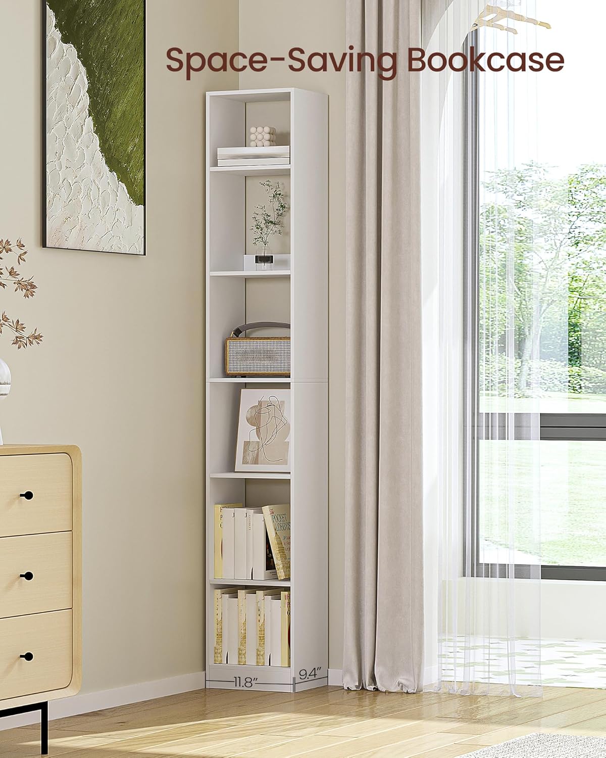 Librería de 6 Niveles, Estantería Libros, para Salón, Estudio, Oficin, Dormitorio, Estilo Escandinavo, 24 x 30 x 184,4 cm, Blanco - 5