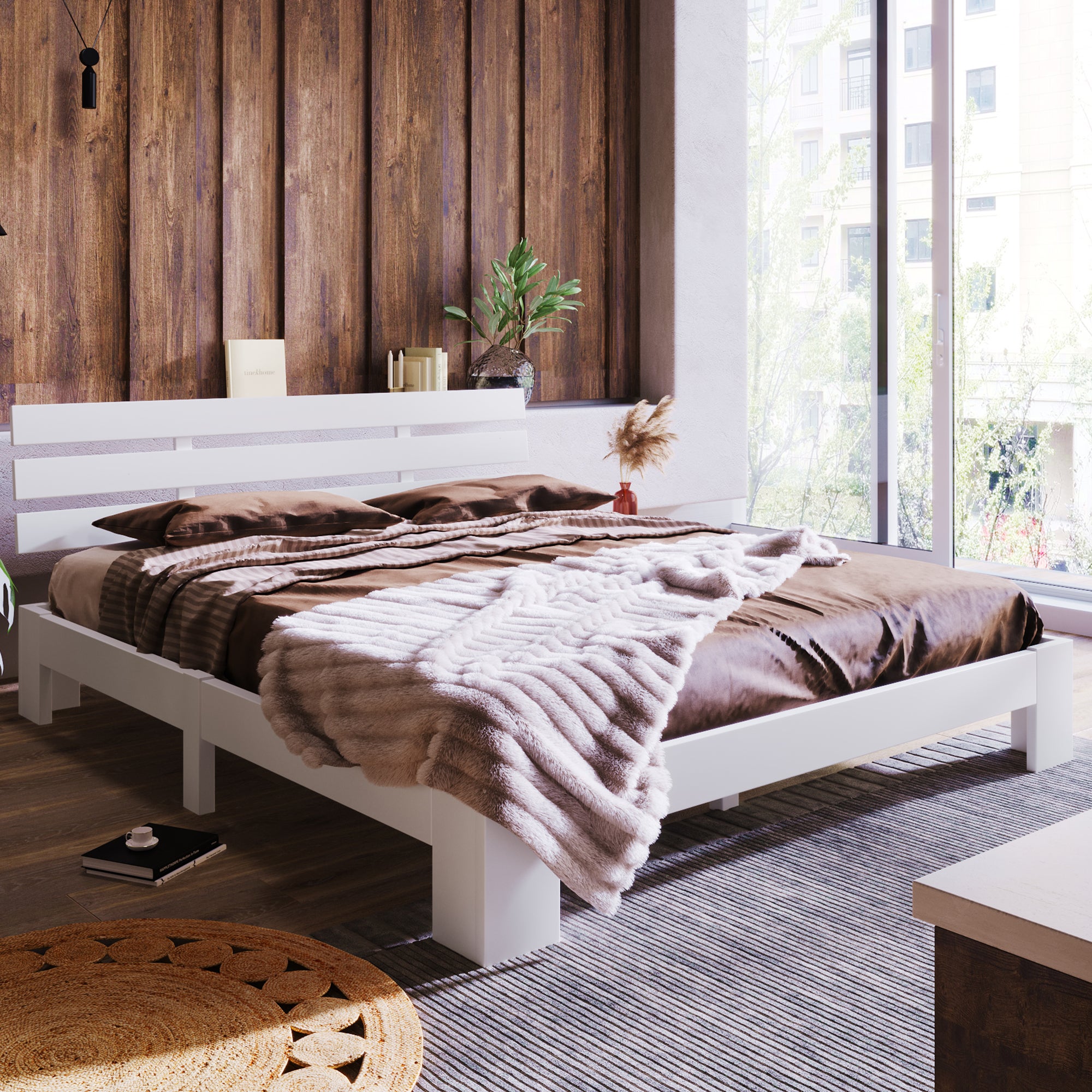 Lit Double 140x200 Cm Métal Blanc - Sommier à Lattes Avec Pieds Arrondis, Hauteur 46 Cm, Grand Espace Rangement Sous Lit