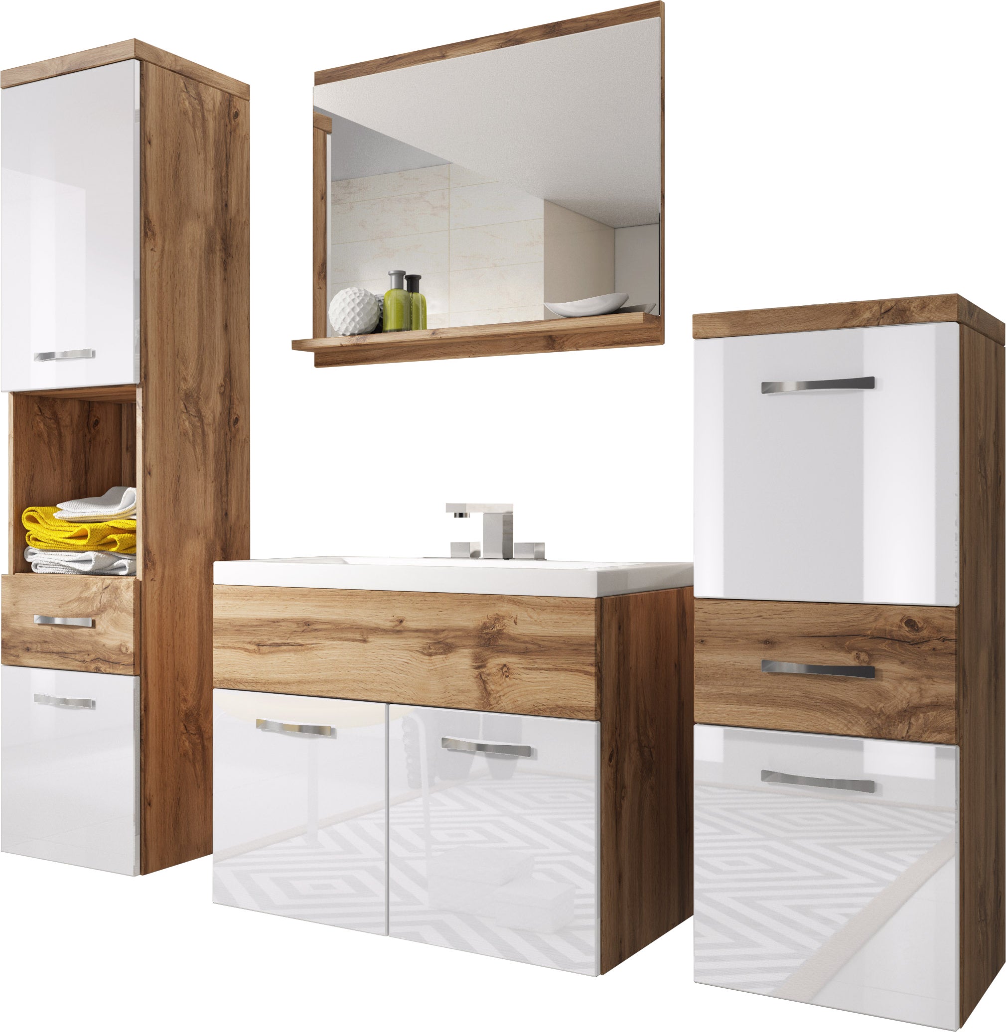Komplet mebli łazienkowych w kolorze dąb wotan / biały połysk - ALBECK