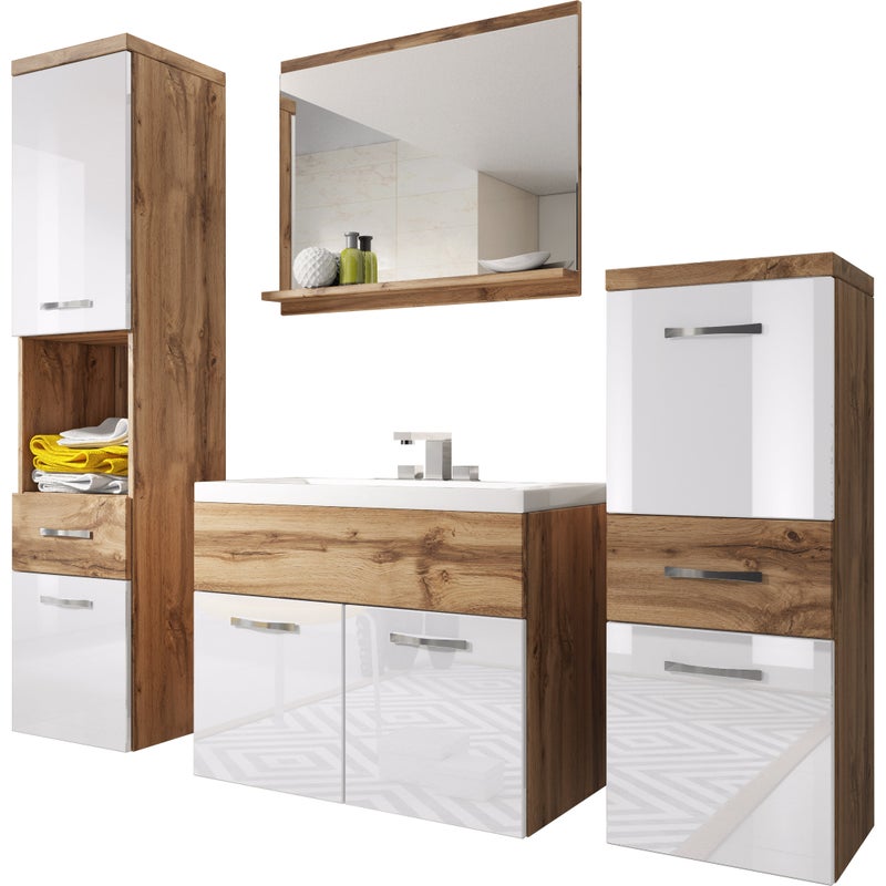 Komplet mebli łazienkowych w kolorze dąb wotan / biały połysk - ALBECK