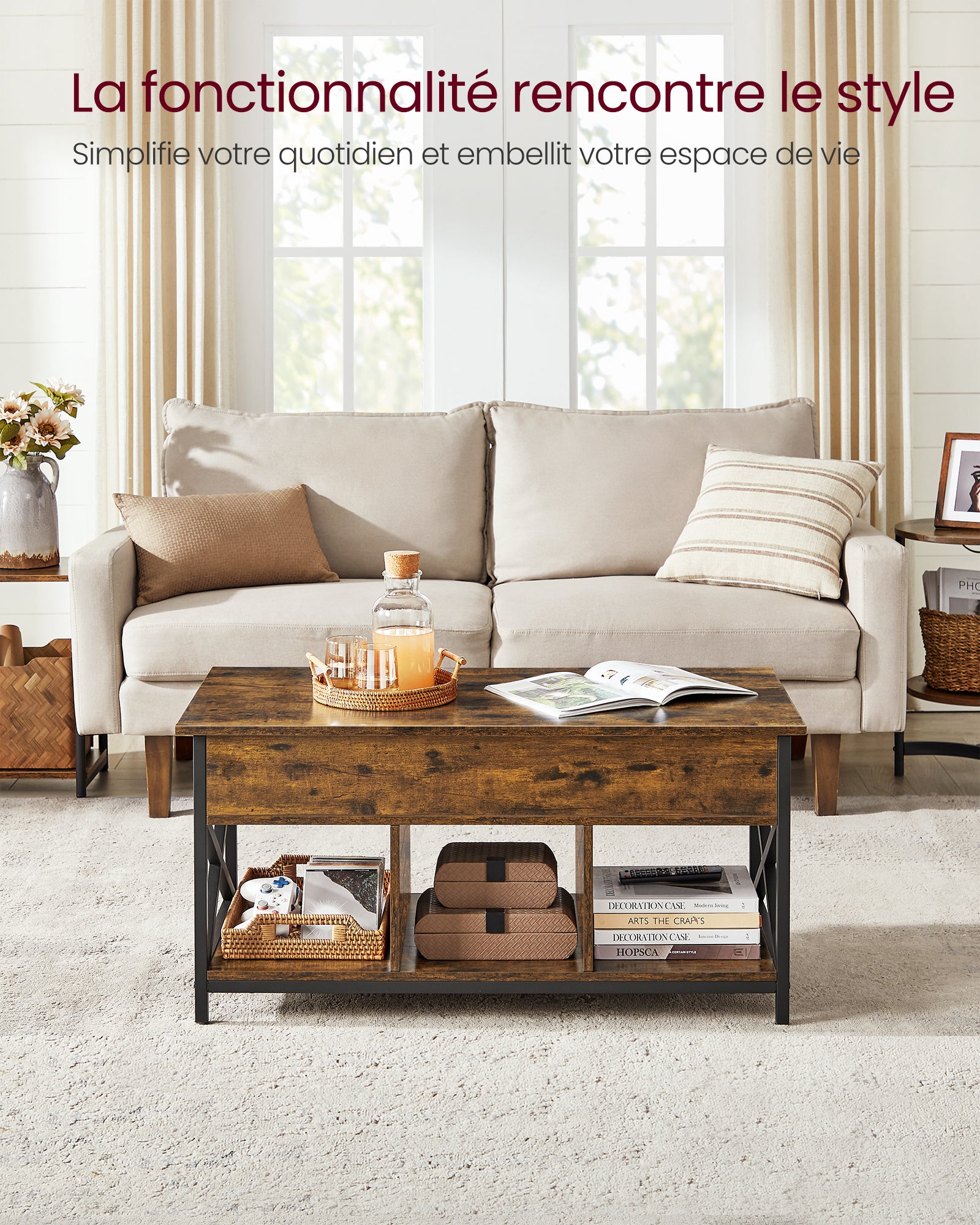 Table Basse, Relevable, Table Basse avec Rangement Caché et Compartiments Ouverts, Cadre en Acier, 50 x 100 x (46,5-62) cm, Marron Rustique et Noir - 3