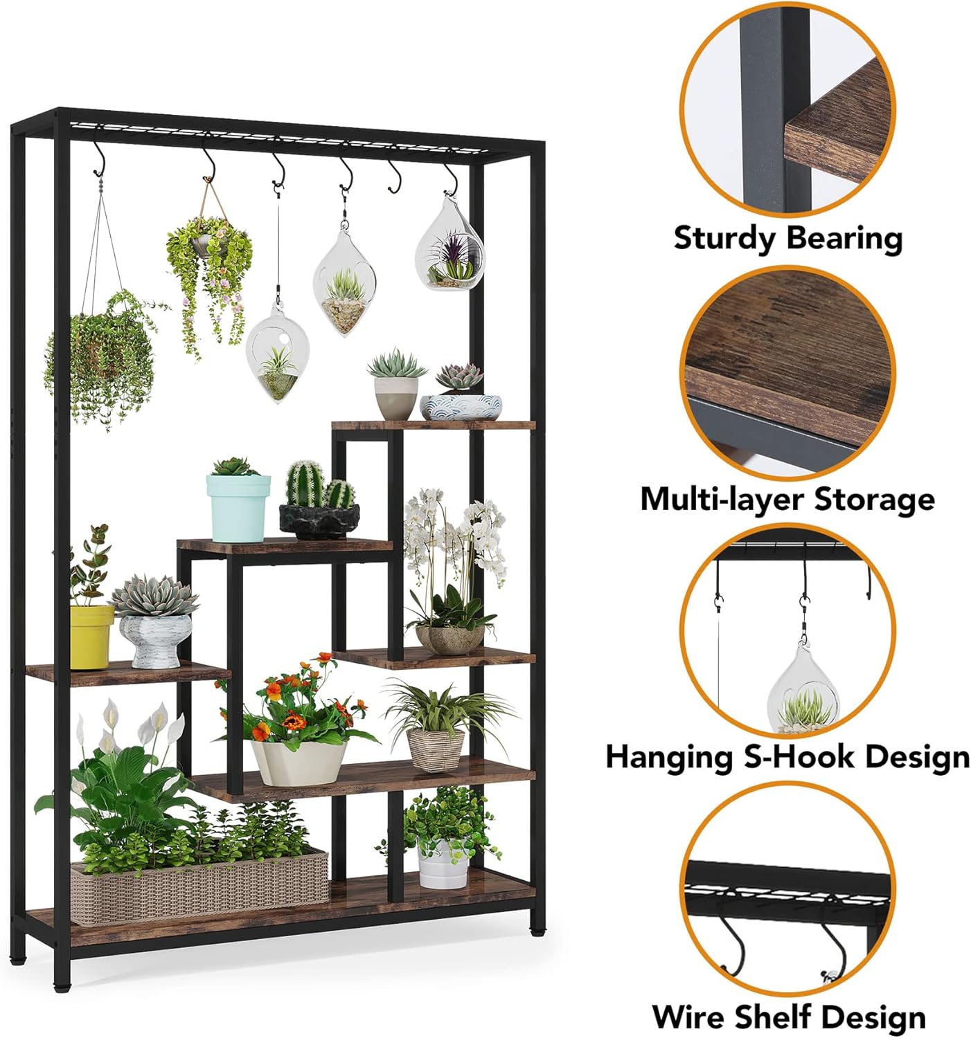 Tribesigns Support pour plantes d'intérieur à 5 niveaux - Grande étagère en métal de 180,1 cm avec 10 crochets de suspension en S - Multifonction - 7