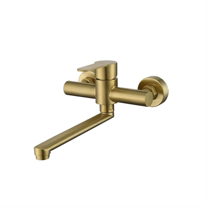 Bateria kuchenna ścienna, stal nierdzewna, kran z ciepłą i zimną wodą, obrót o 360°, szczotkowane złoto