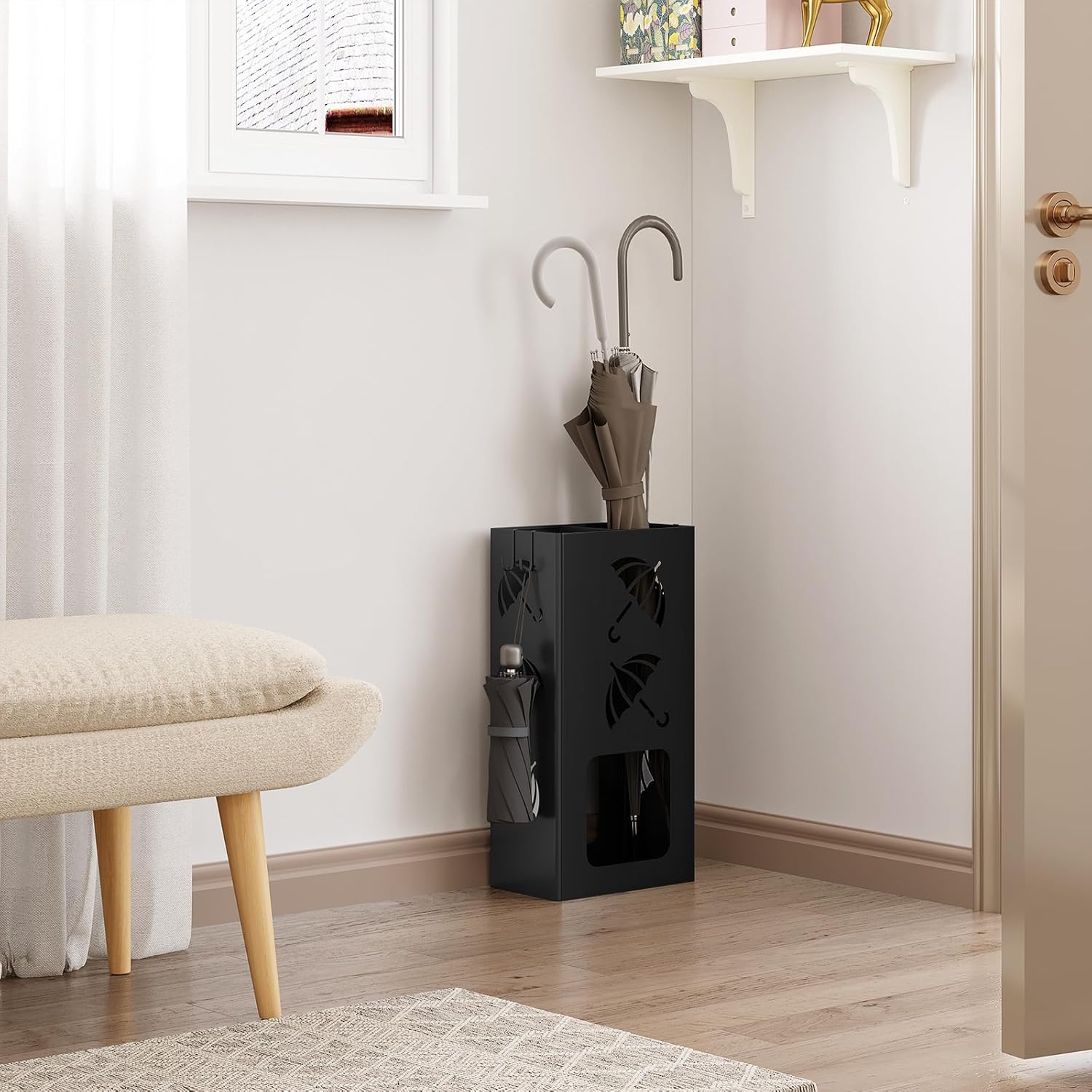 Porte-Parapluie avec 4 Crochets WOLTU, Porte-Parapluie avec 2 Zones Séparées, en Métal Antirouille, Noir - 3