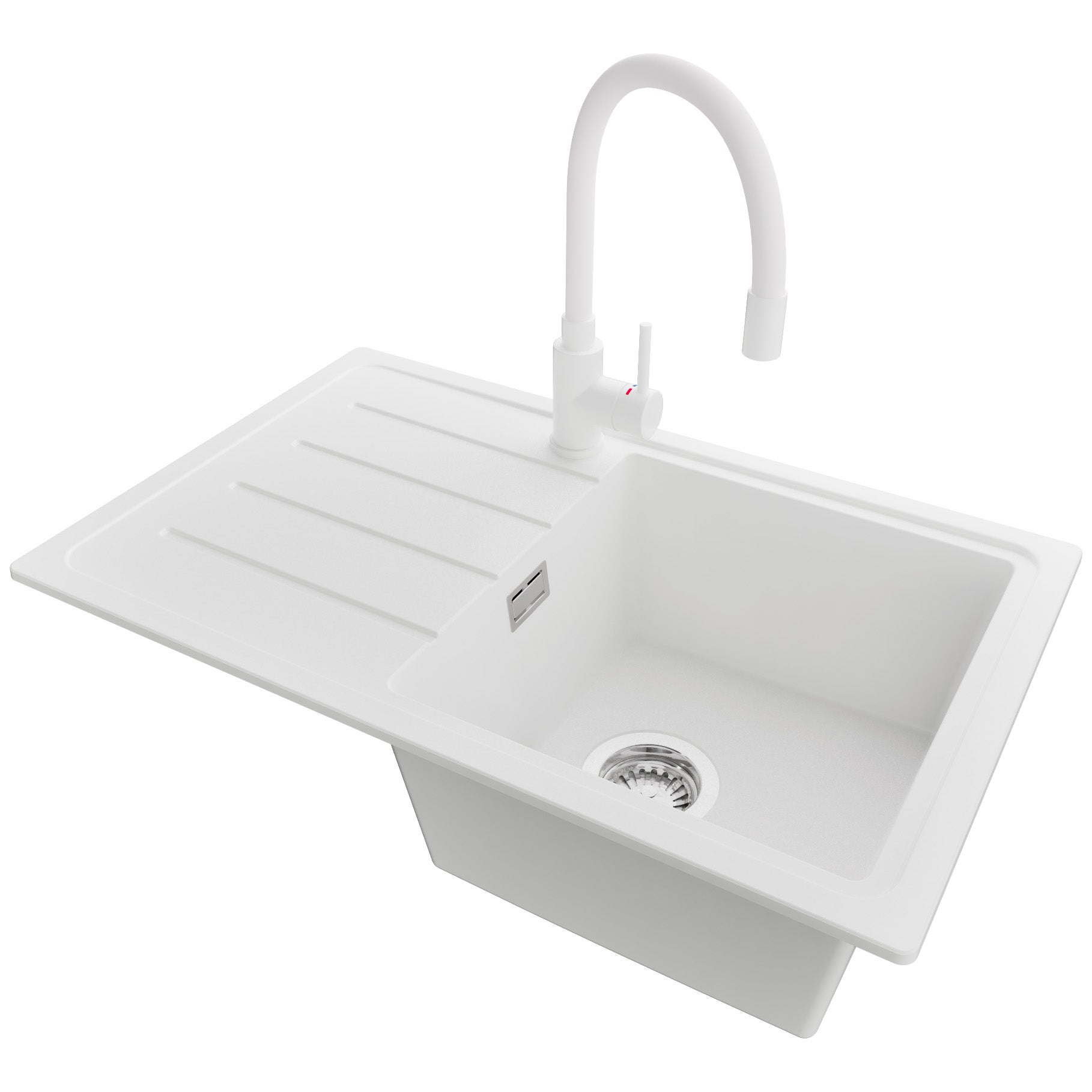 Zlewozmywak Granitowy Biały 70x44cm, Zlew Kuchenny 1 Komorowy + Bateria 38x14cm + Syfon, Nablatowy do szafki od 45cm - Kopenhaga Easy PRIMAGRAN