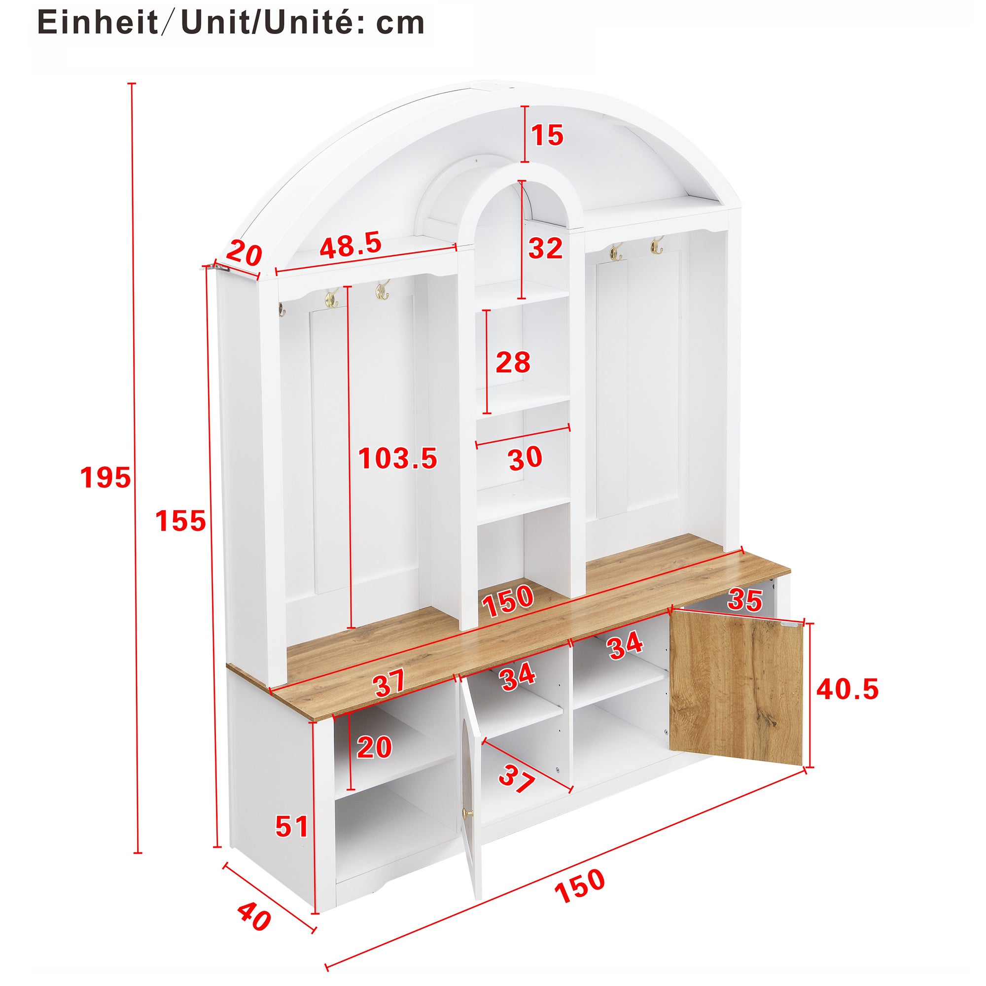 Szafka na buty z ławką, wieszakami, 2 drzwiami i otwartymi półkami - 150 x 40 x 195 cm - MDF - Biała - 4