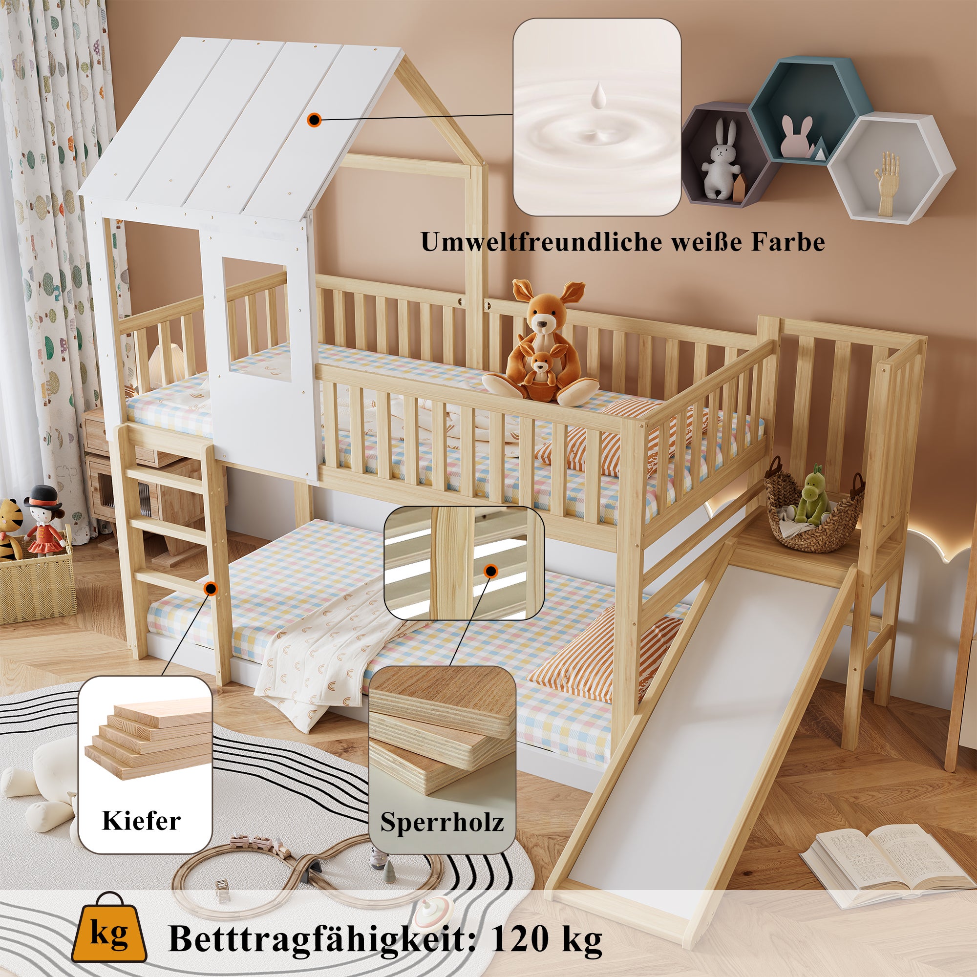 Lit Mezzanine Enfant 90x200cm avec toboggan, Lit superposé avec Cadre en Forme de Maison et Fenêtre, Blanc + Naturel - 4