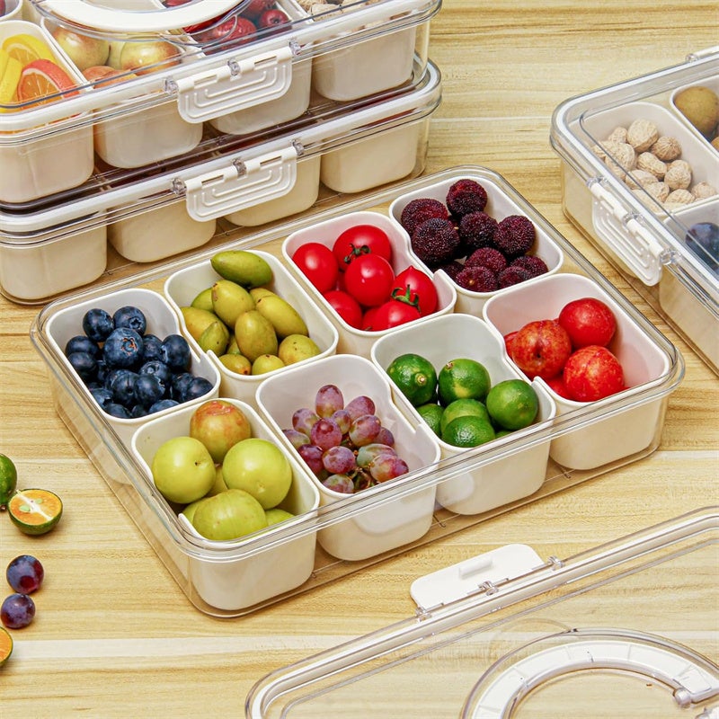 Caja de aperitivos con asa, bandeja de servicio dividida con tapa, bandeja para aperitivos con 8 compartimentos, contenedor para frutas y verduras - 5