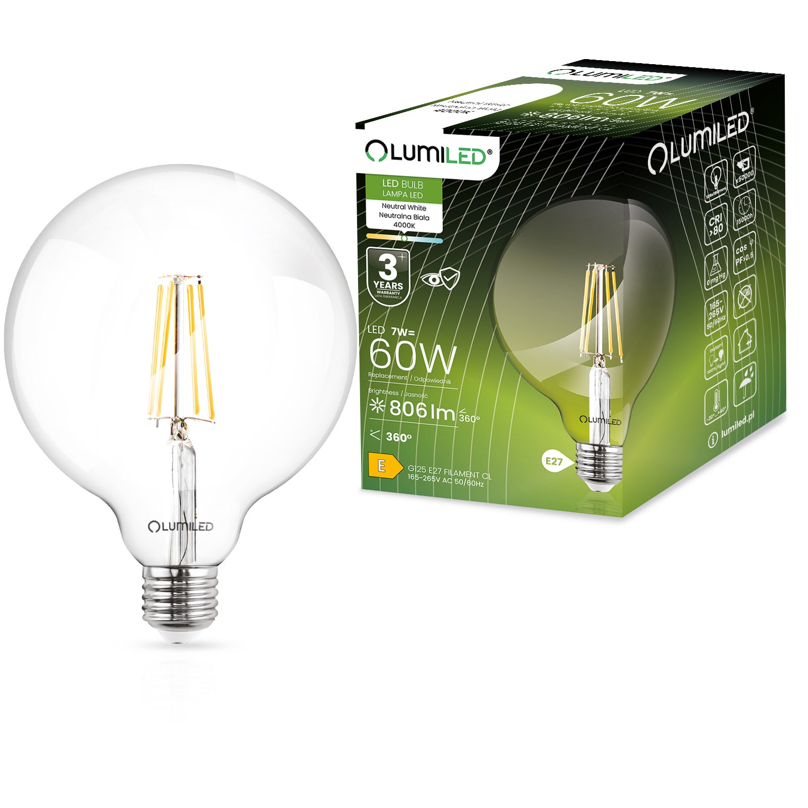 Żarówka LED Lumiled E27 Kula G125 7W 806lm 4000K Neutralna biel 360st Filament 1 szt.