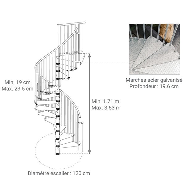 Escalier colimaçon métal extérieur 12 marches - Hauteur à franchir 2,28 à 2,82m - Diamètre 1.20m - Structure grise et marche grise - RONDOZINK120-S-12 - 2