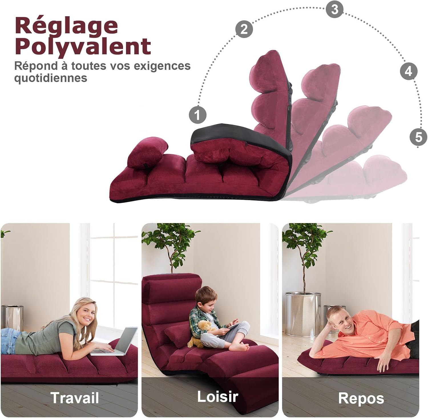 Fauteuil de Sol avec Dossier Inclinable Réglable sur 5 Niveaux,avec Cadre en Fer et Coussin Chaise, pour Salon/Chambre 175x55x20CM (Rouge) - 5