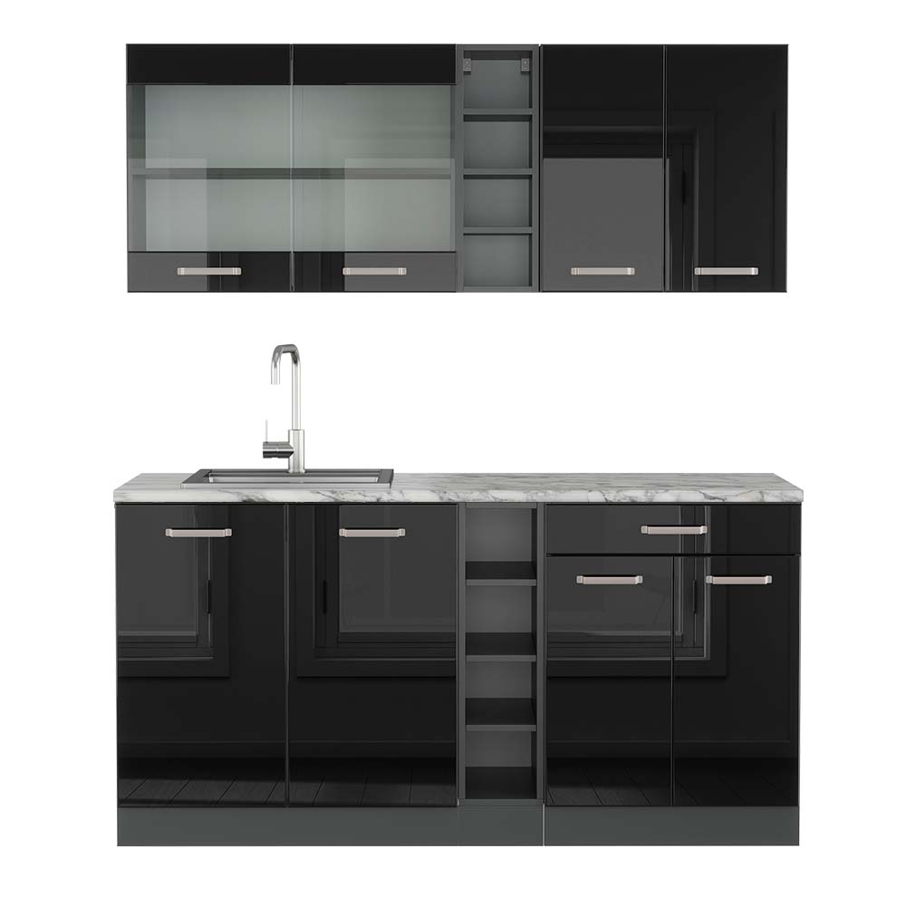 Vicco Pojedyncza kuchnia R-Line, Czarny/antracyt o wysokim połysku, 160 cm , BP Marmur