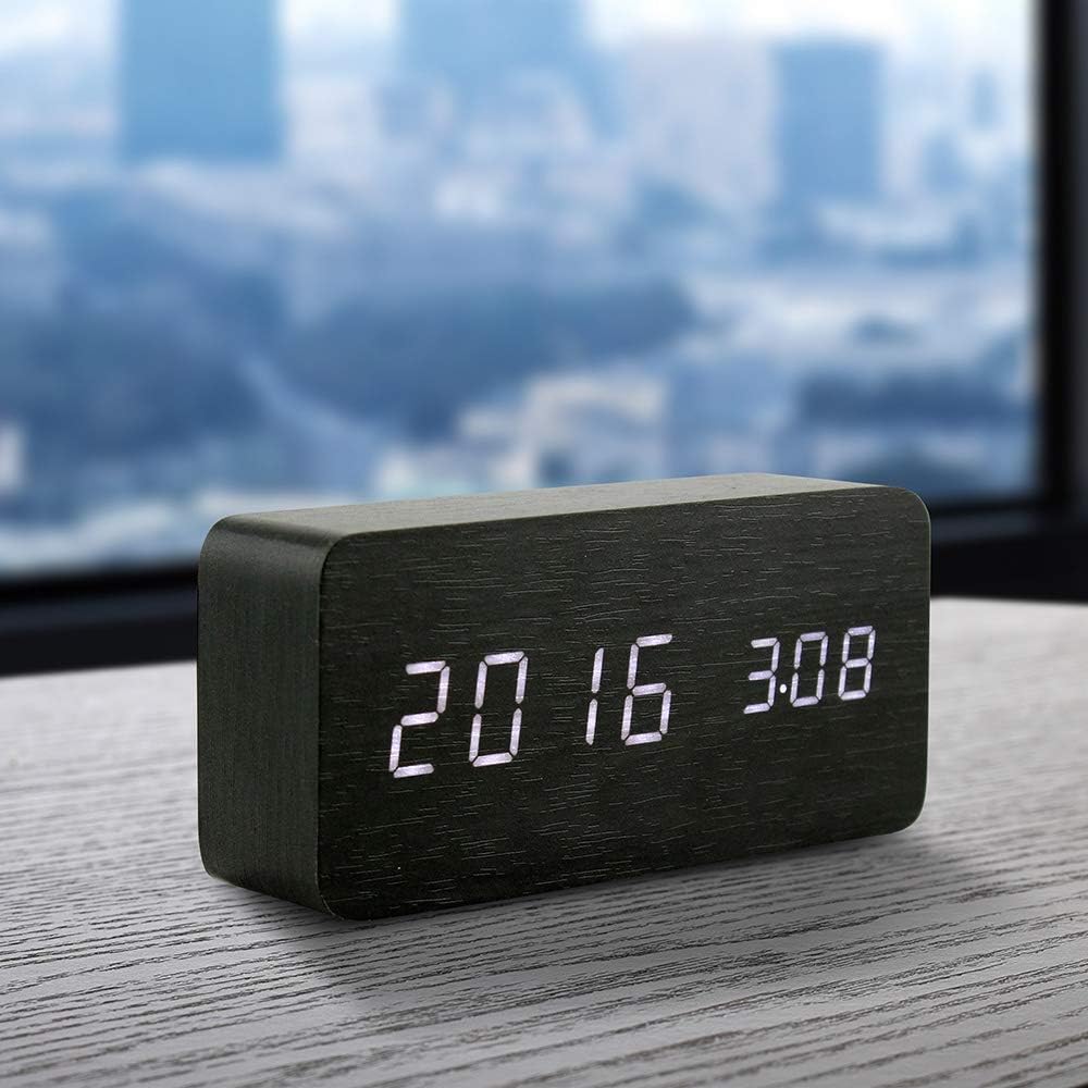 Réveil numérique en bois, réveil multifonction LED en bois avec alimentation USB, commande vocale, minuteur et thermomètre - Noir - 4