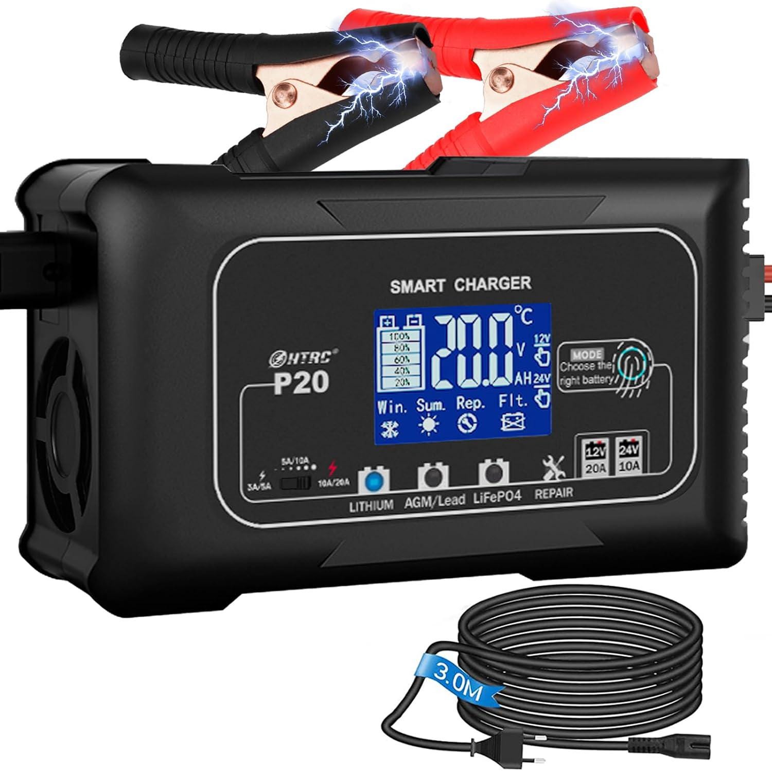 HTRC Chargeur de batterie de voiture 20 A 12 V/24 V, mainteneur de batterie, chargeur à bascule et désulfateur de batterie avec écran LCD pour bateau, SUV, moto/lithium, LiFePO4 et acide au HTRC Chargeur de batterie de voiture 20 A 12 V/24 V, mainteneur de batterie, chargeur à bascule et désulfateur de batterie avec écran LCD pour bateau, SUV, moto/lithium, LiFePO4 et acide au