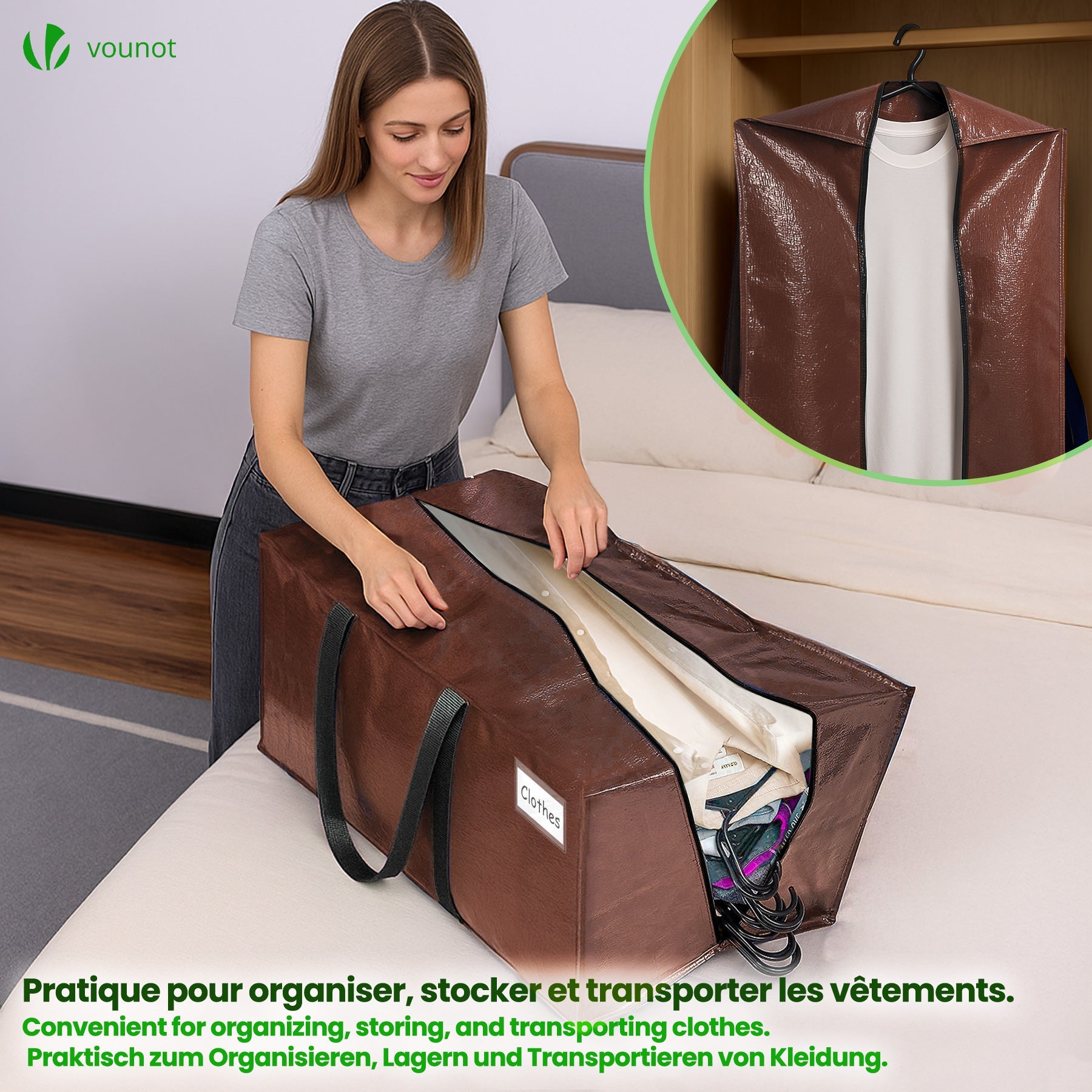Lot de 5 sacs de déménagement grand format - sacs de rangement avec sangles de sac à dos et poignée - marron - VOUNOT® - 4