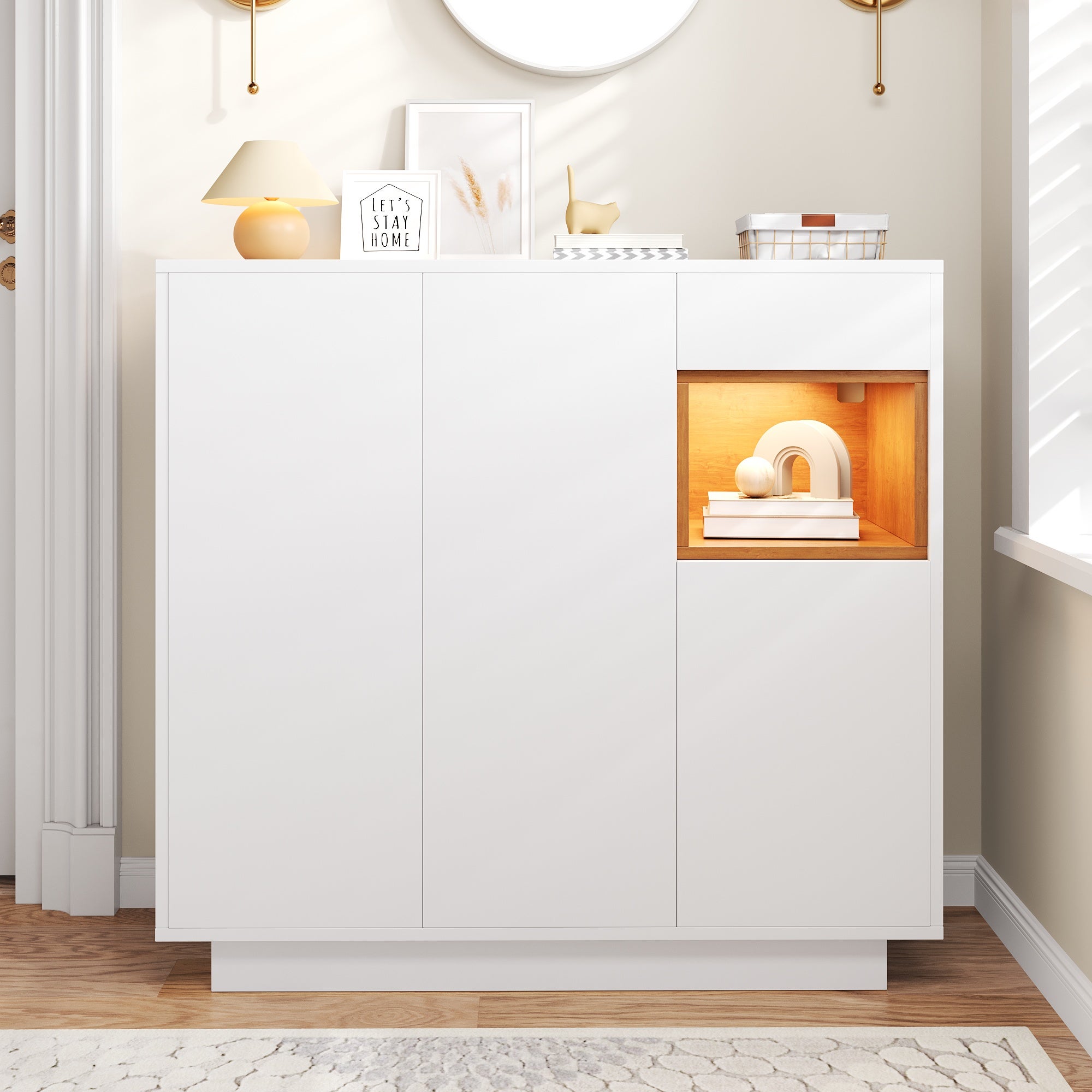 Szafka na buty 105x39,5x100,5 cm - 1 szuflada i 3 drzwi - z oświetleniem LED - z regulowanymi półkami - biały i naturalny