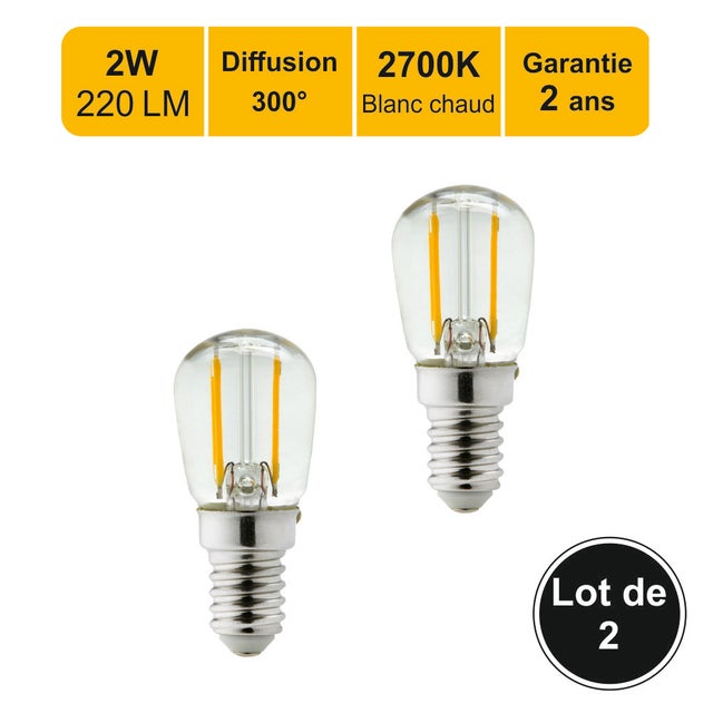 Lot de 2 ampoules LED filament E14 2W 220Lm 2700K - ST26 Frigo / Machine à coudre - garantie 2 ans