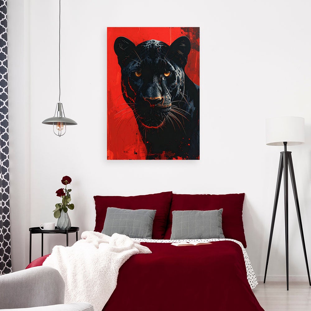 Obraz na płótnie do salonu sypialni biura,Czarna Pantera zwierzena czerwonym tle 40x60 - 2