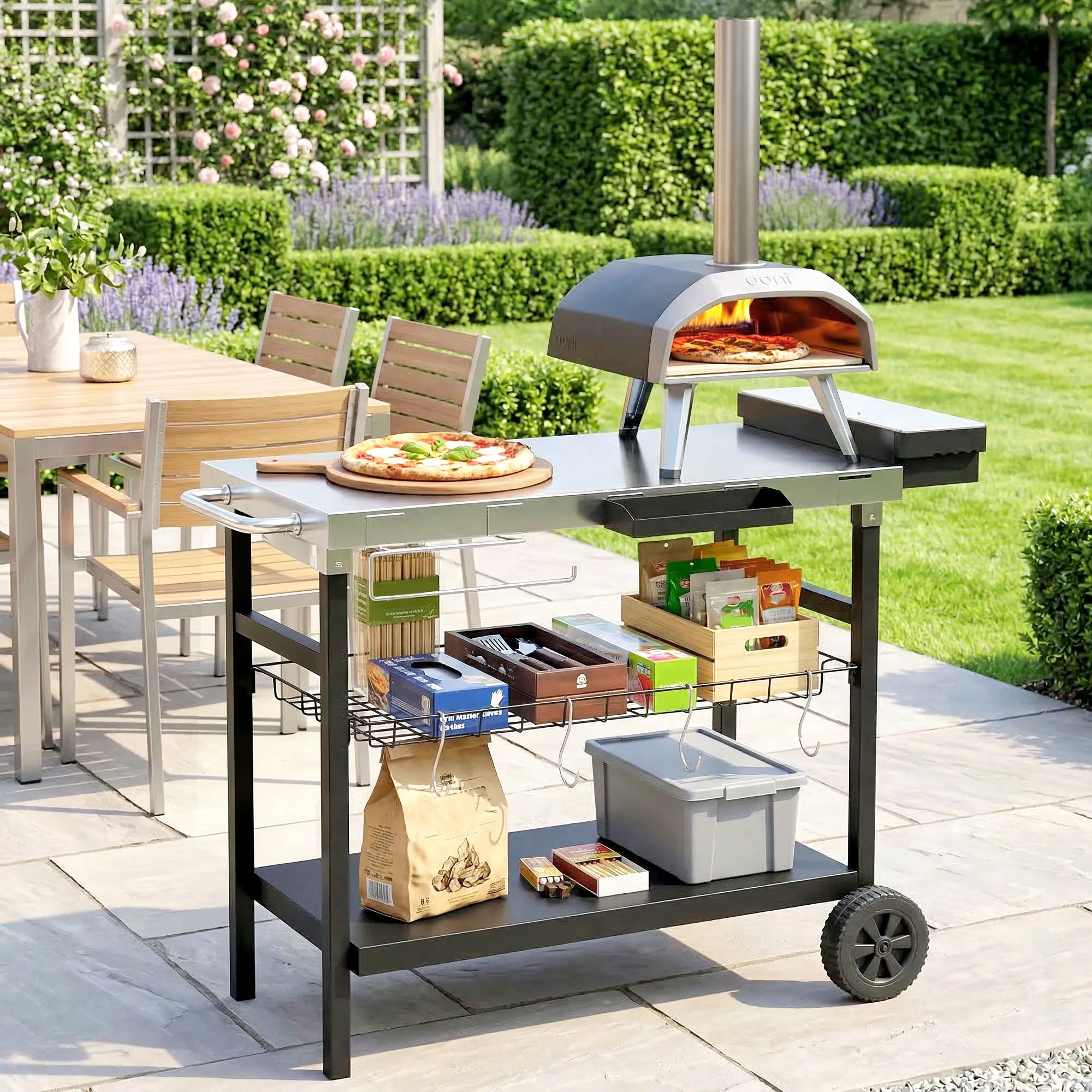 Outsunny Carrello Barbecue da Esterno con Piano in Acciaio Inossidabile, Porta Spezie, Ganci e Maniglia Laterale, Nero - 9
