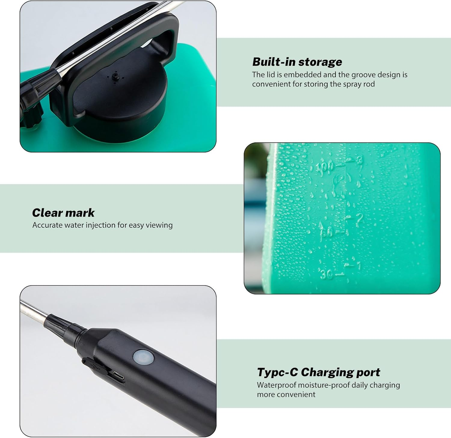 Spruzzatore elettrico da giardino da 5 litri, con 3 ugelli regolabili, tubo da 10 m e manico telescopico, spruzzatore ricaricabile tramite USB, bianco - 7