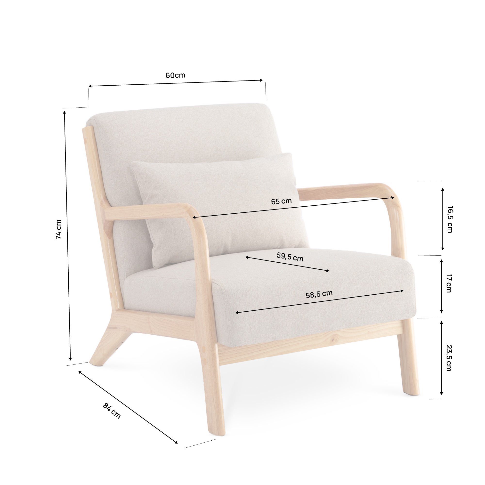 Fauteuil scandinave vintage MARIE lin beige et bois - 2