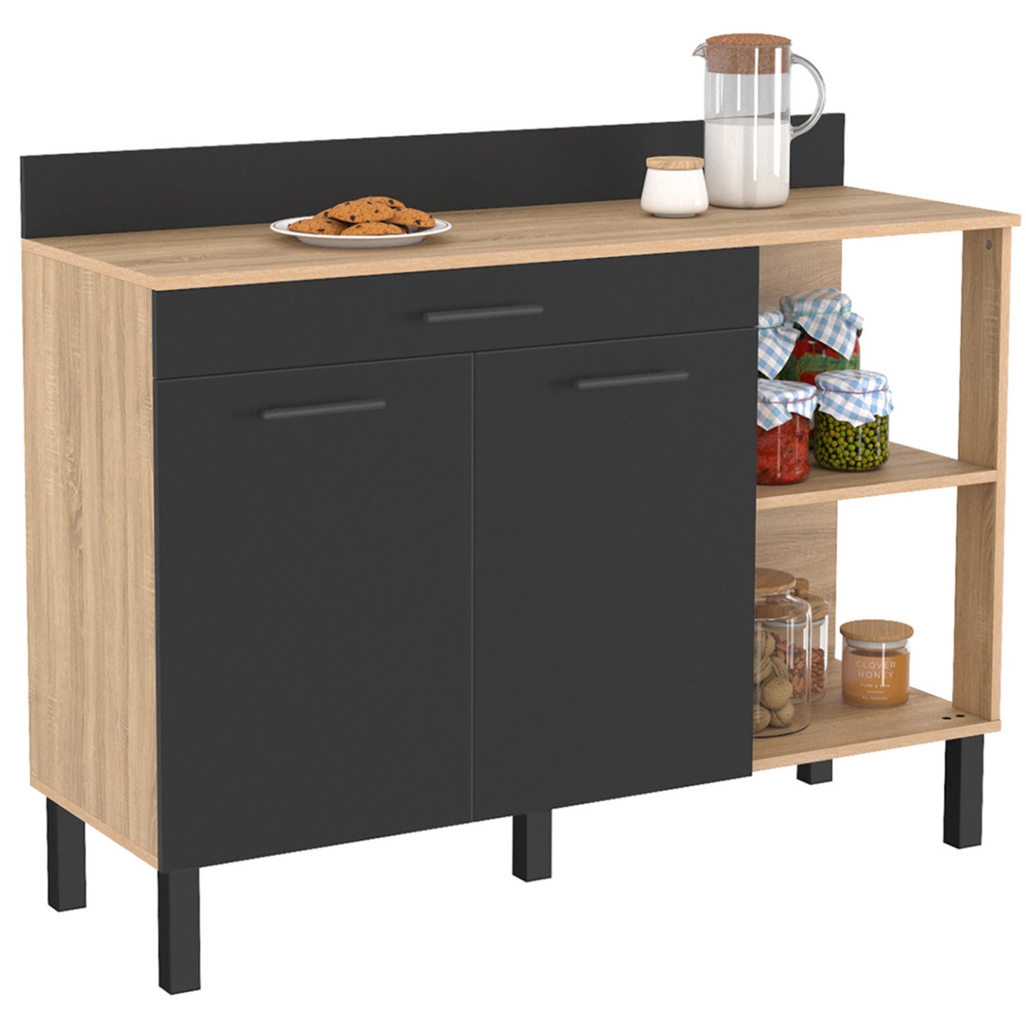 Buffet bas de cuisine 120 CM CINA plan de travail H.83 cm 2 portes + tiroir façon hêtre et noir - 2