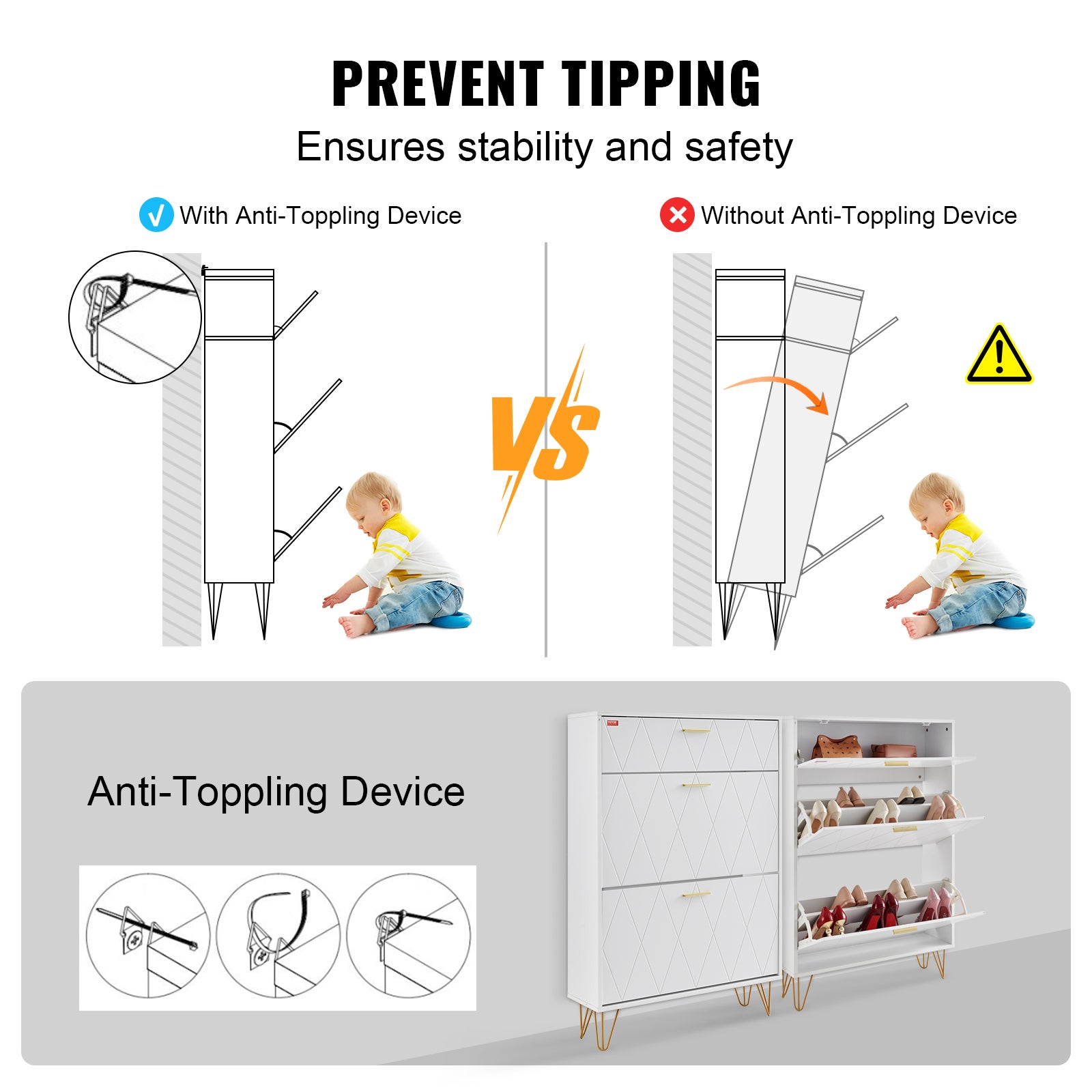 Meuble de Rangement à Chaussures avec VEVOR 3 Abattants Armoire à Chaussures Grande Capacité en Panneau Aggloméré Range-Chaussures pour Talons Bottes - 7
