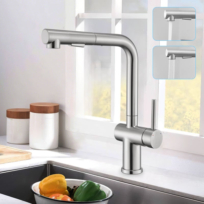 LOVHAUS Bateria Kuchenna z Wyciąganą Wylewką, Dwa Tryby Natrysku, Bateria Kuchenna Obrotowa o 360°, Bateria Zlewozmywakowa ze Stali Nierdzewnej